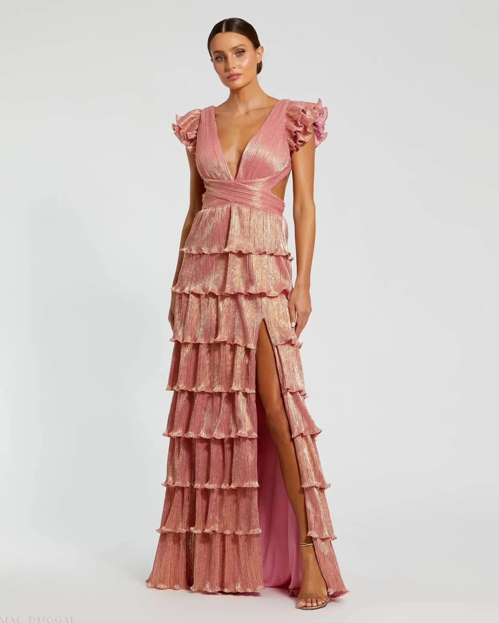 Pink Ruffle Tiered Criss Cross Lace Up Gown - Mac Duggal