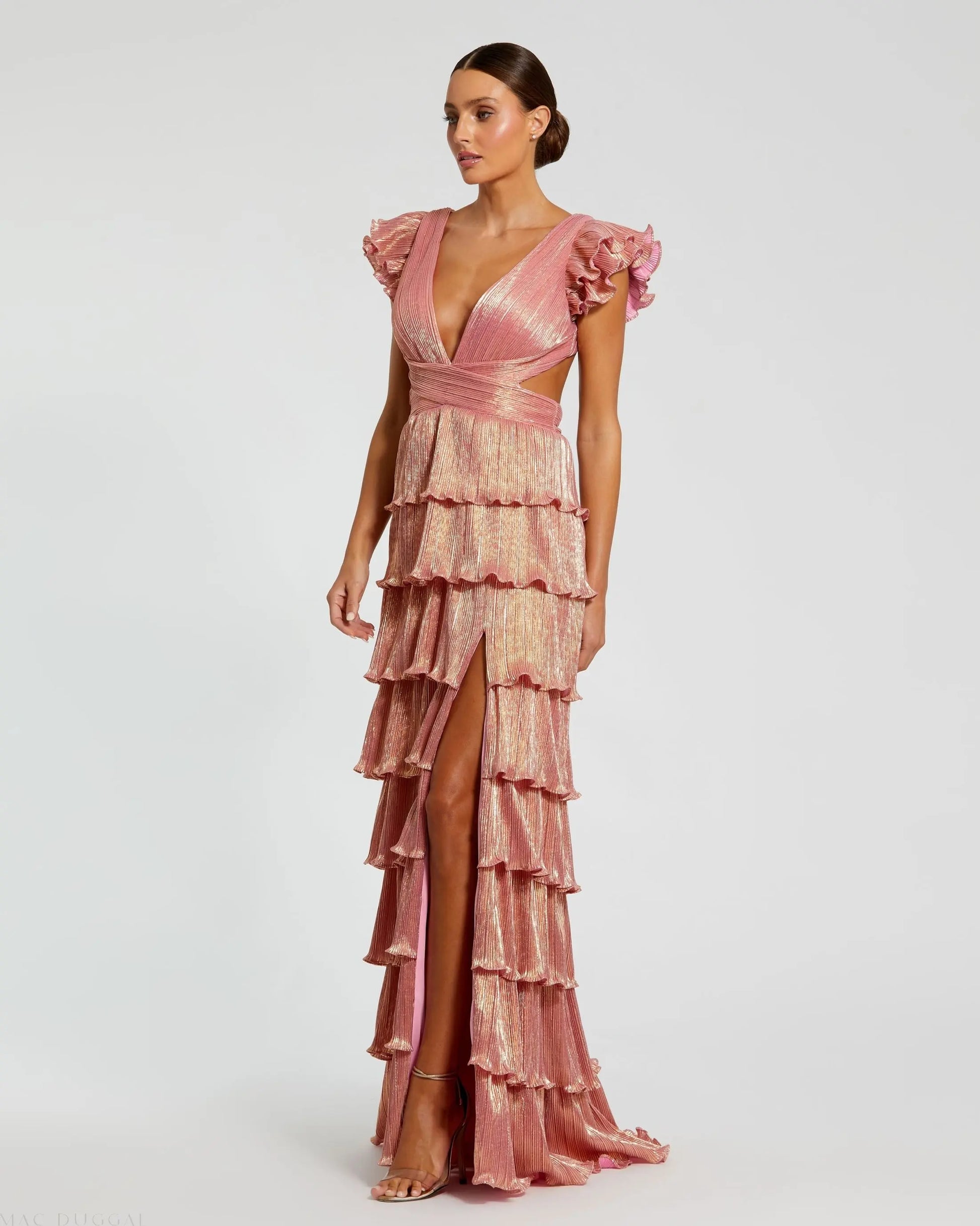 Pink Ruffle Tiered Criss Cross Lace Up Gown - Mac Duggal Pink Ruffle Tiered Criss Cross Lace Up Gown - Mac Duggal