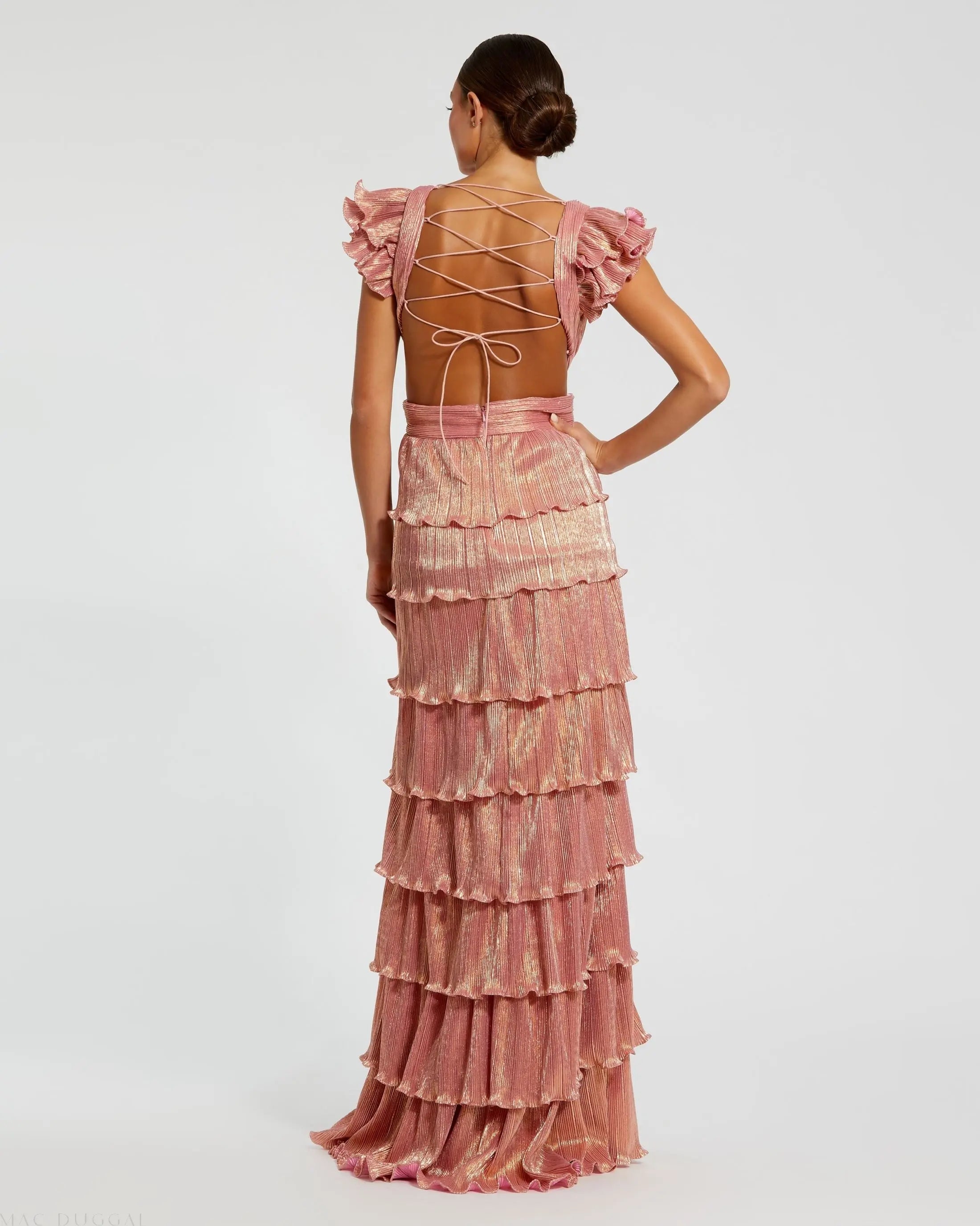 Pink Ruffle Tiered Criss Cross Lace Up Gown - Mac Duggal