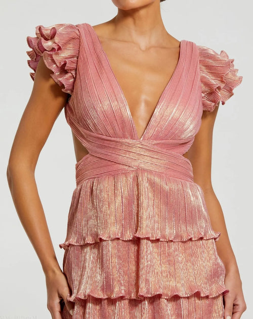 Pink Ruffle Tiered Criss Cross Lace Up Gown - Mac Duggal