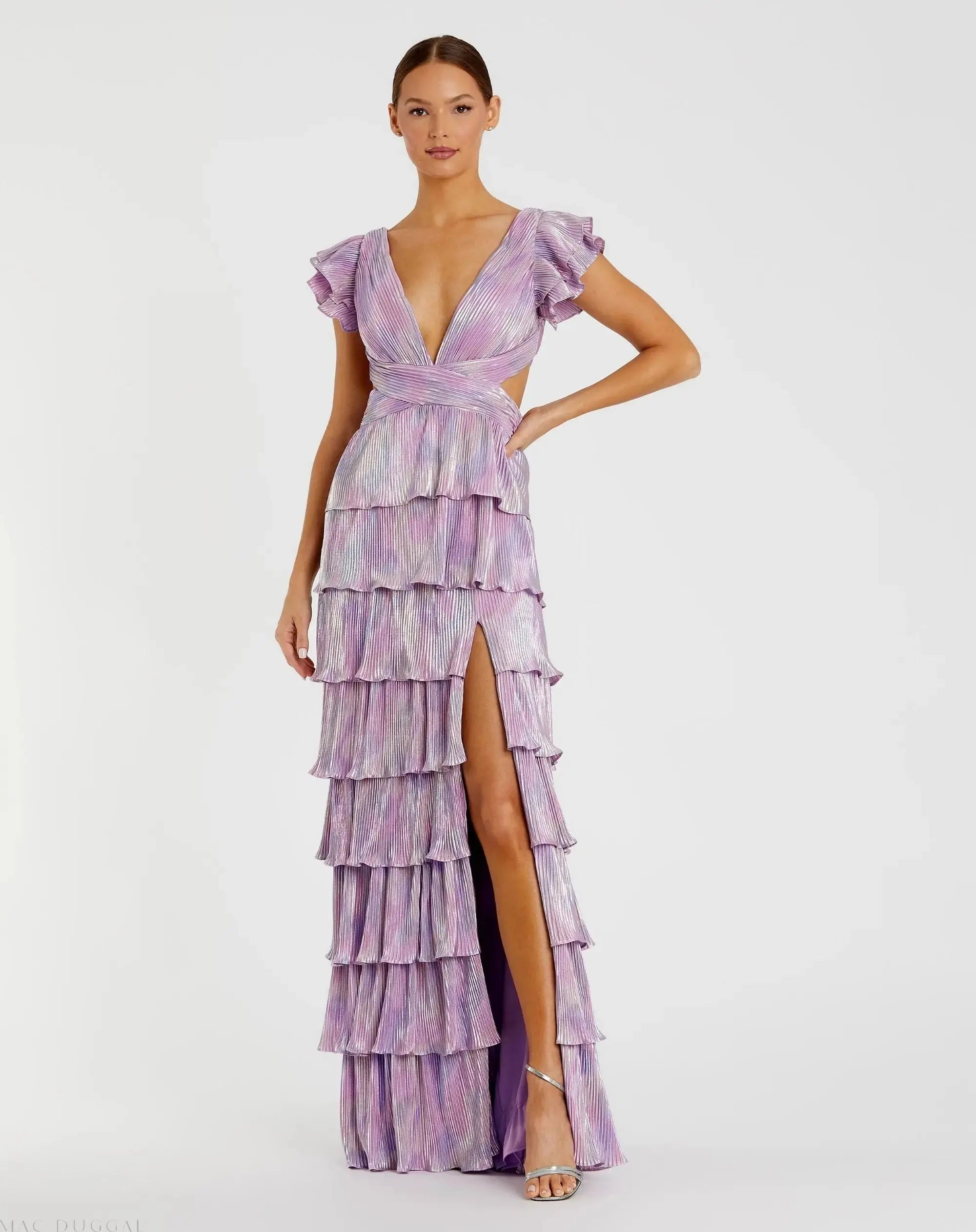 Purple Ruffle Tiered Criss Cross Lace Up Gown - Ieena for Mac Duggal
