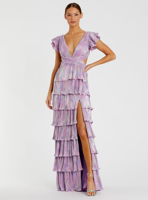 Ruffle Tiered Criss Cross Lace Up Gown