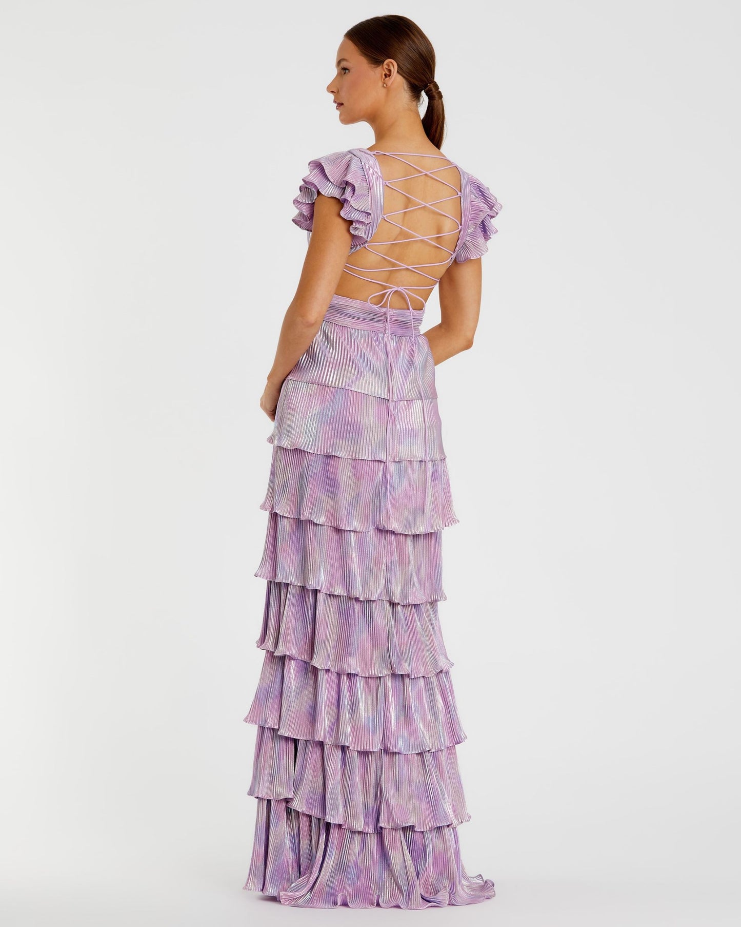 Ruffle Tiered Criss Cross Lace Up Gown