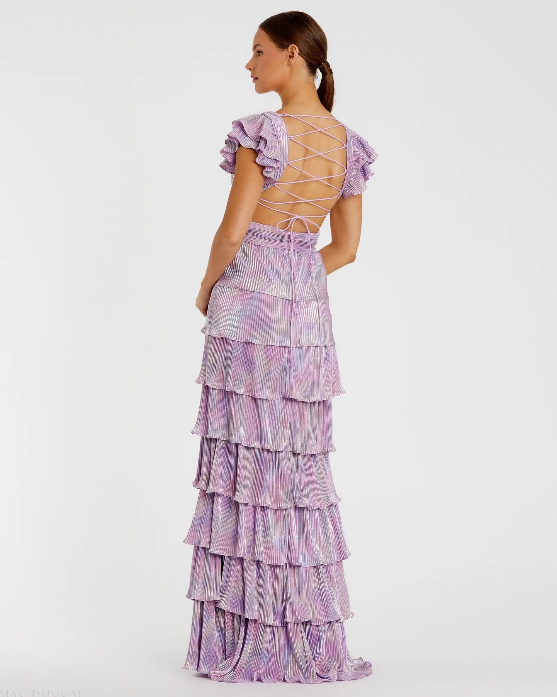 Purple Ruffle Tiered Criss Cross Lace Up Gown - Ieena for Mac Duggal