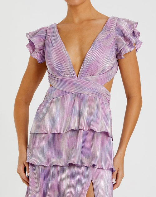 Purple Ruffle Tiered Criss Cross Lace Up Gown