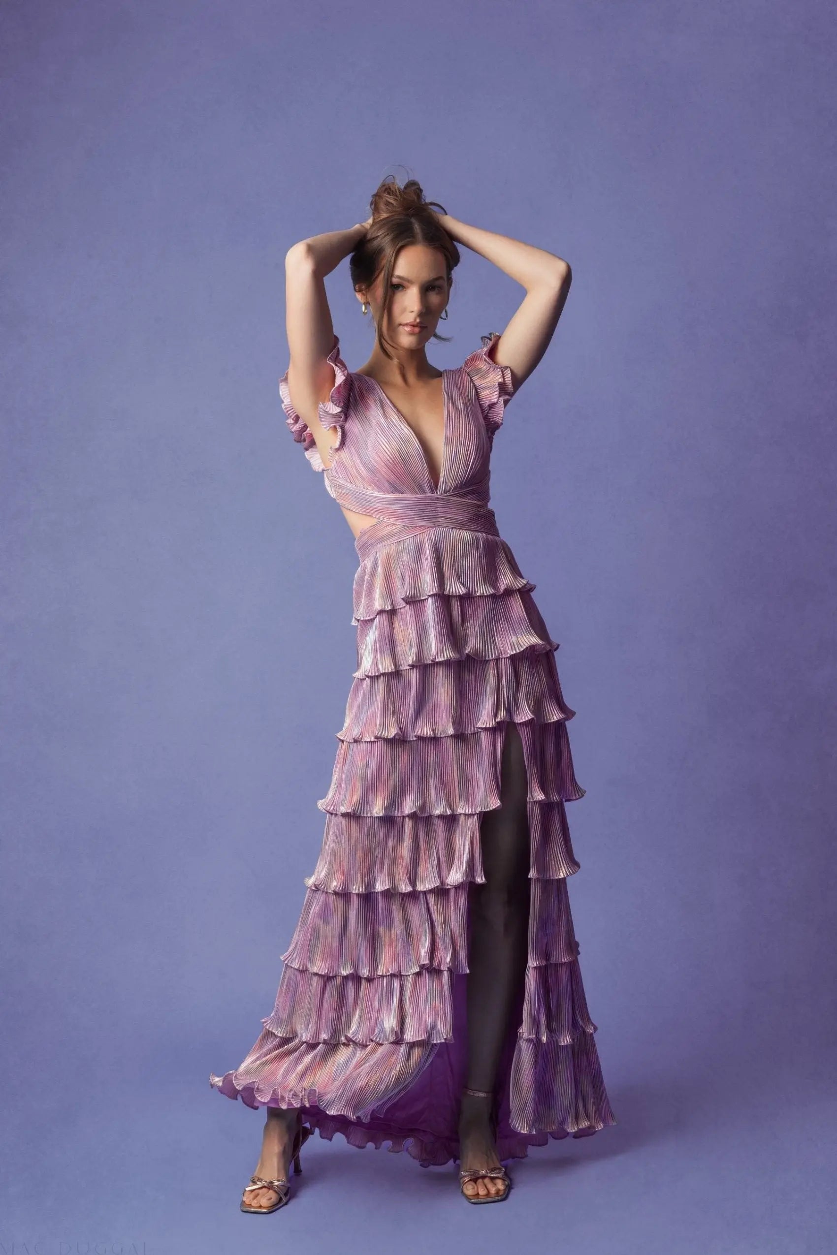 Purple Ruffle Tiered Criss Cross Lace Up Gown - Ieena for Mac Duggal