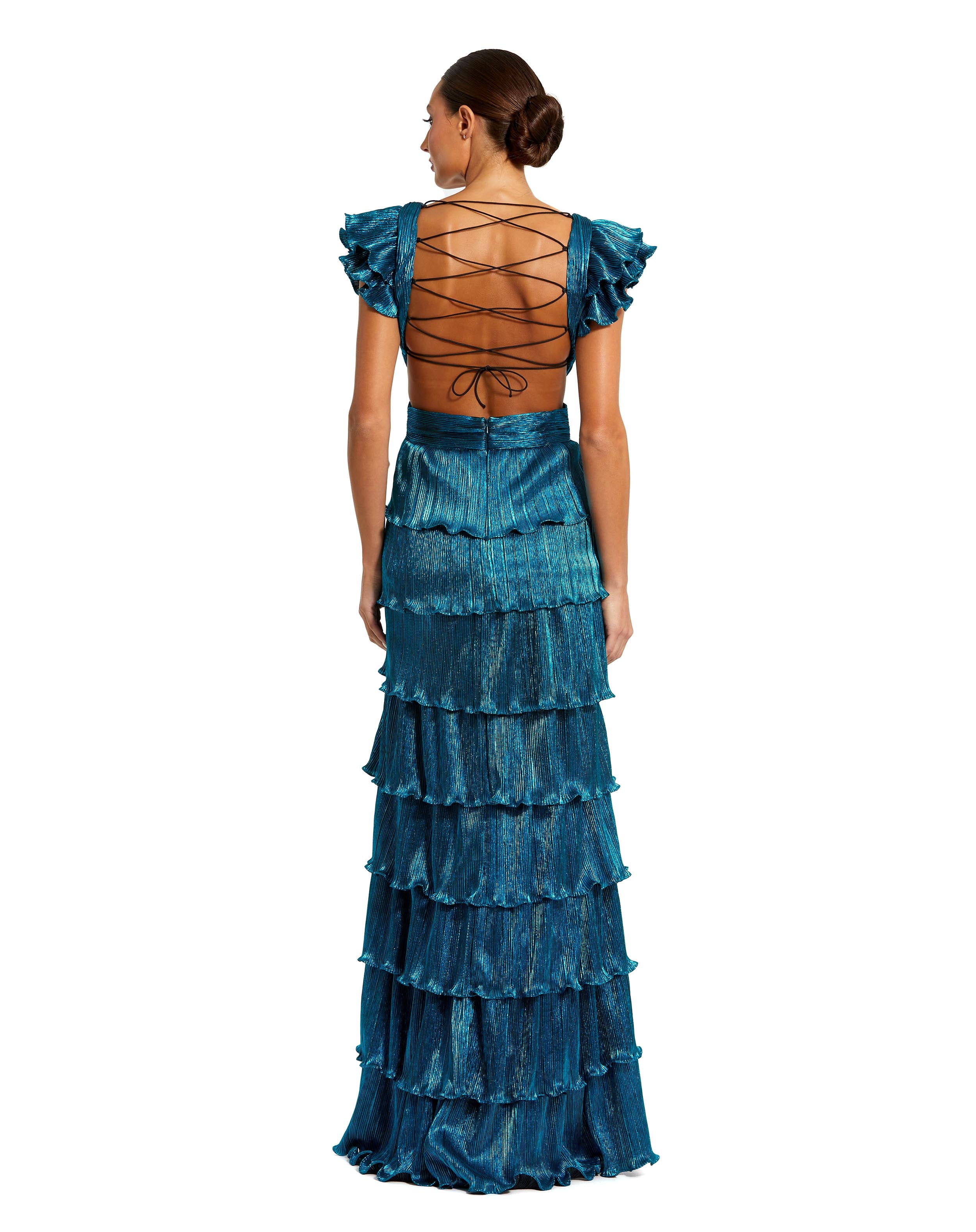 Ruffle Tiered Criss Cross Lace Up Gown