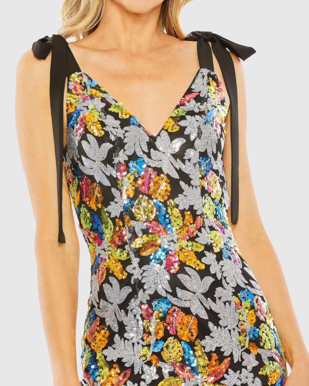 Black Embellished Bow Strap V Neck Column Gown - Mac Duggal