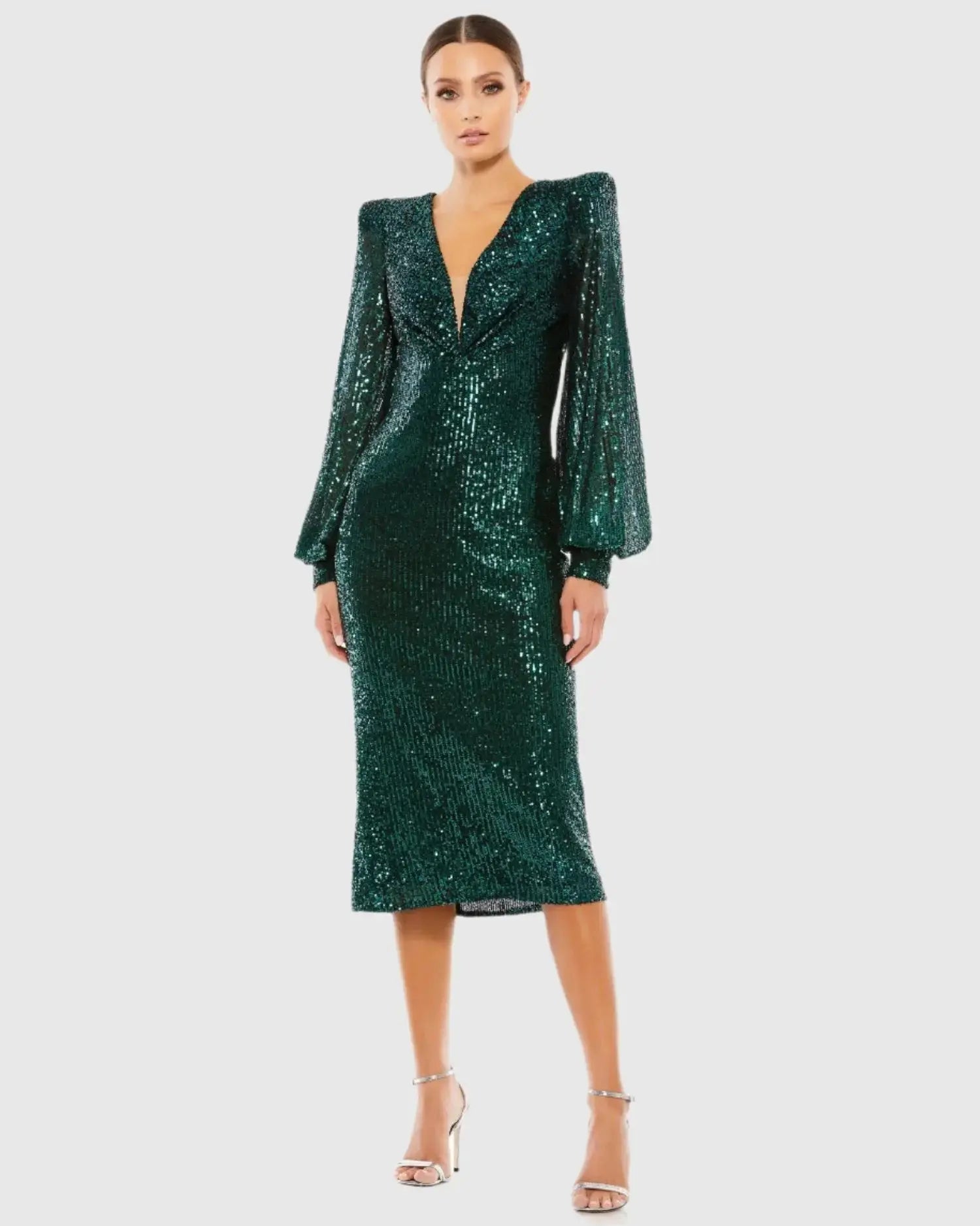 Green Sequined Structured Bishop Sleeve Midi Dress - Ieena for Mac Duggal