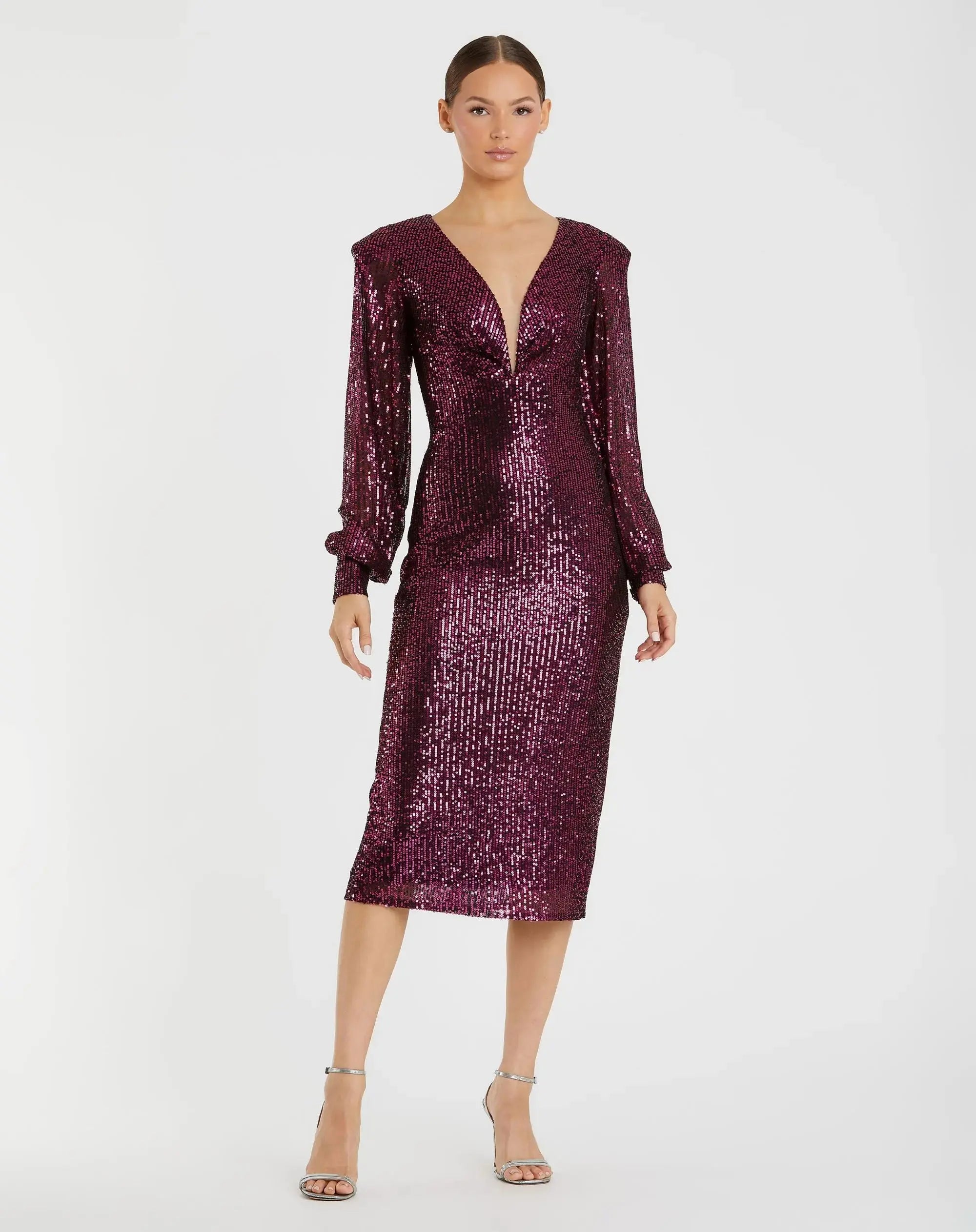 Purple Sequined Structured Bishop Sleeve Midi Dress - Ieena for Mac Duggal