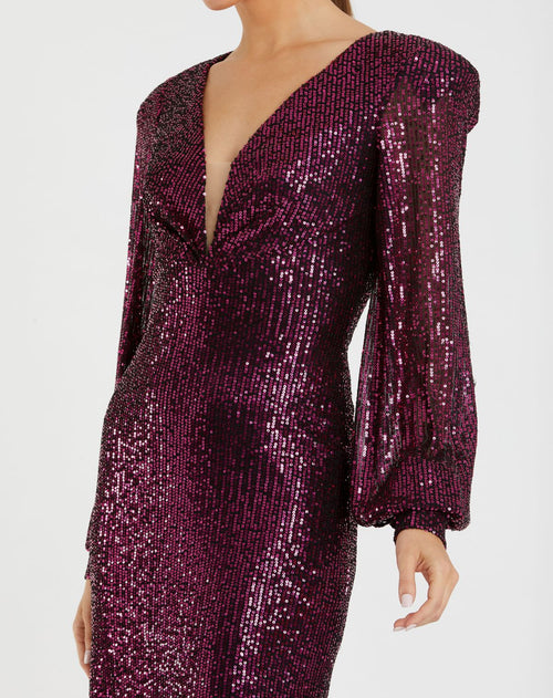 Sequined Structured Bishop Sleeve Midi Dress