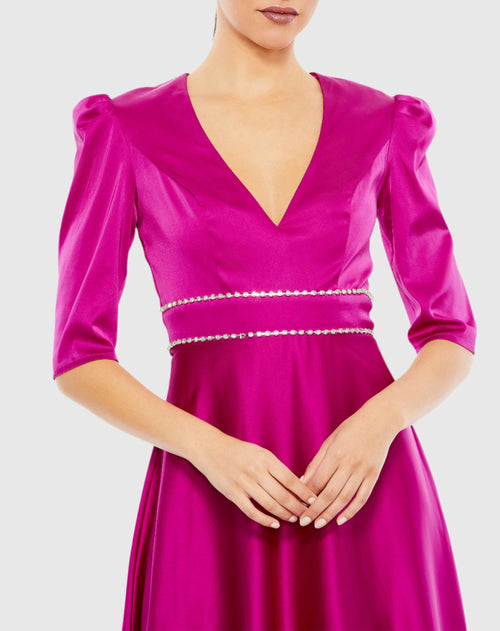 Satin Rhinestone Encrusted Puff Shoulder Dress