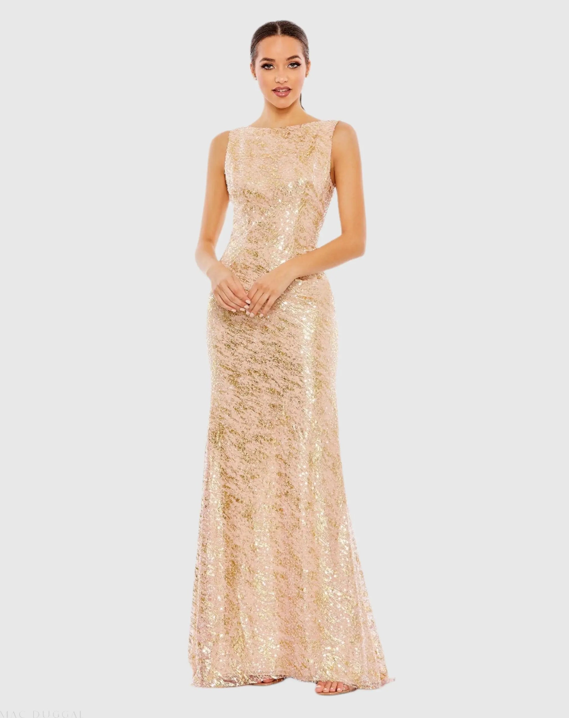 Metallic Sequin Boat Neck Trumpet Gown with Cowl Back | Mac Duggal Metallic Sequin Boat Neck Trumpet Gown with Cowl Back | Mac Duggal