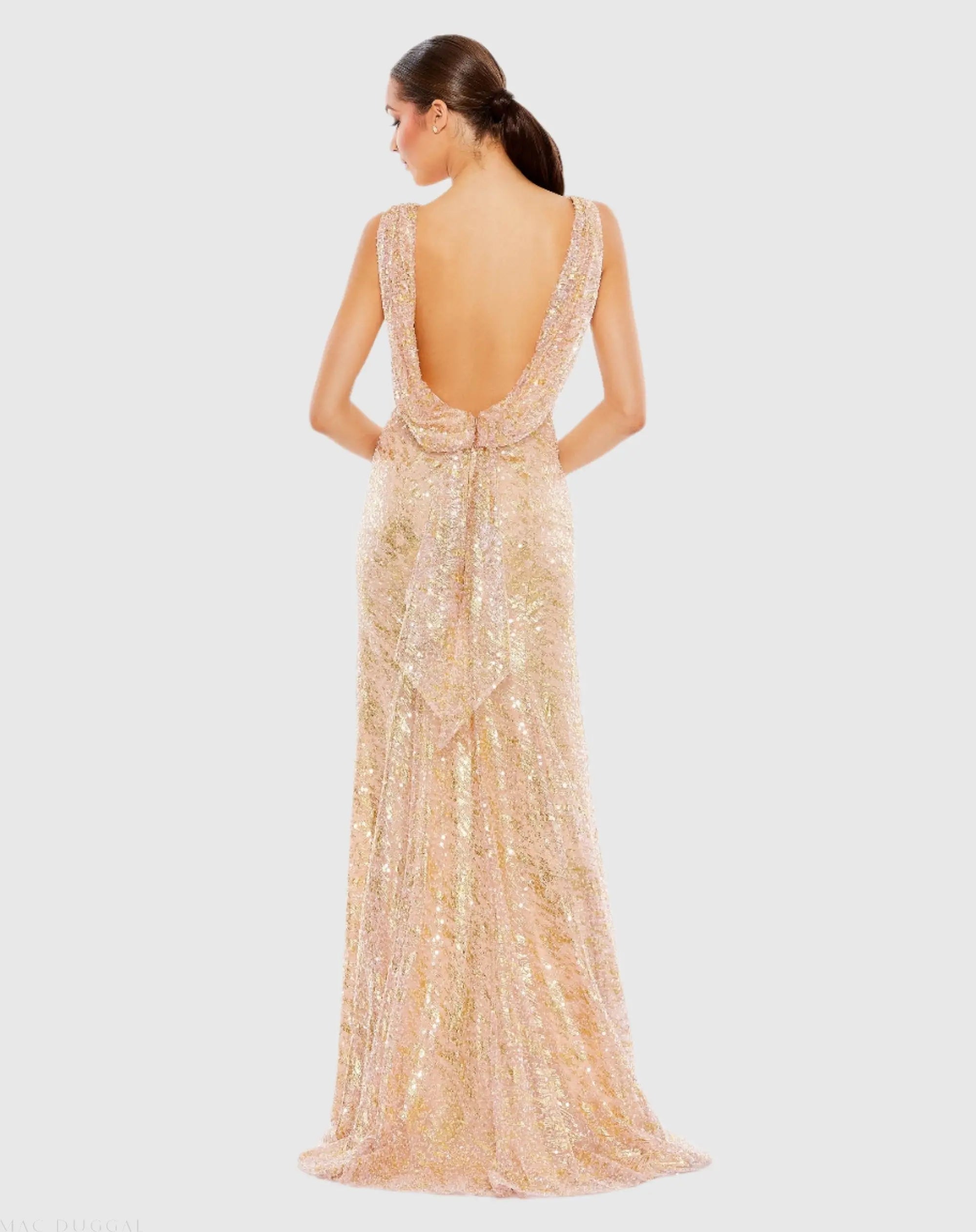 Metallic Sequin Boat Neck Trumpet Gown with Cowl Back - Mac Duggal