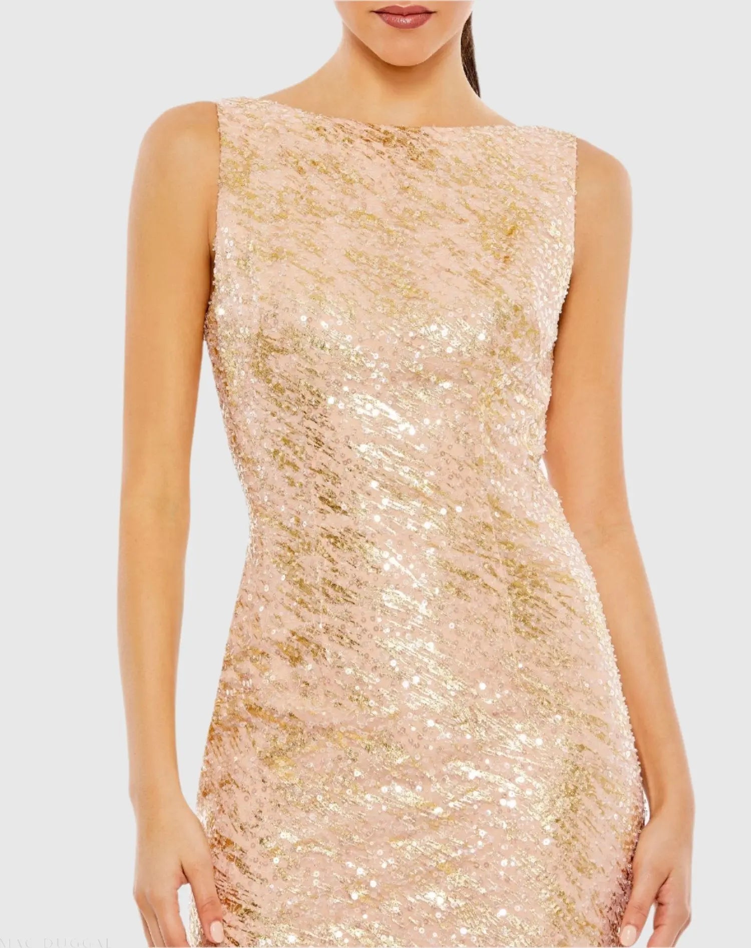 Metallic Sequin Boat Neck Trumpet Gown with Cowl Back | Mac Duggal Metallic Sequin Boat Neck Trumpet Gown with Cowl Back | Mac Duggal