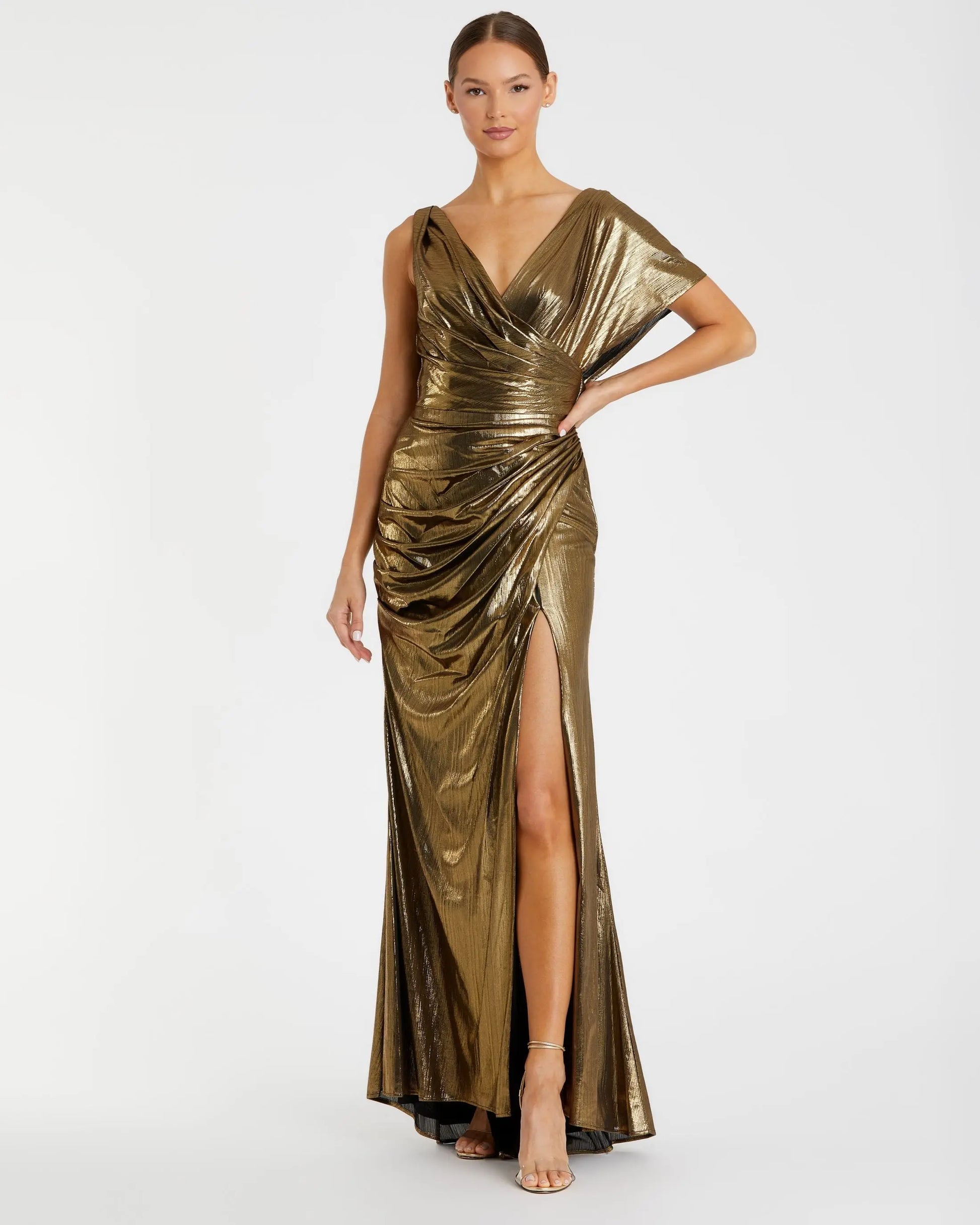 Ieena for Mac Duggal - Gold Asymmetrical Draped Metallic Trumpet Gown