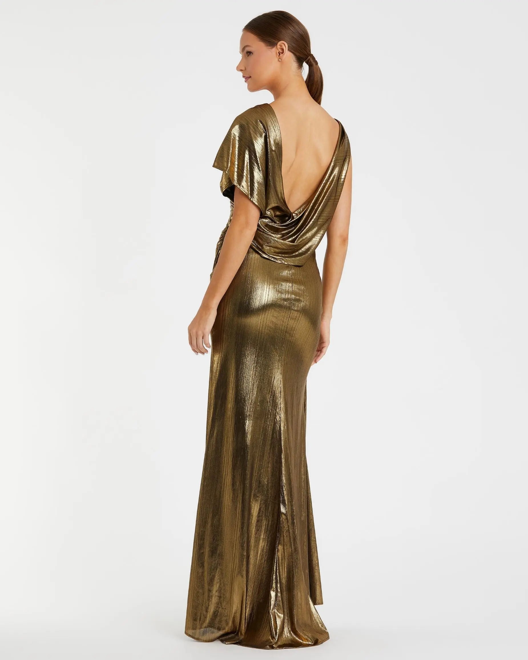 Asymmetrical Draped MetallicTrumpet Gown