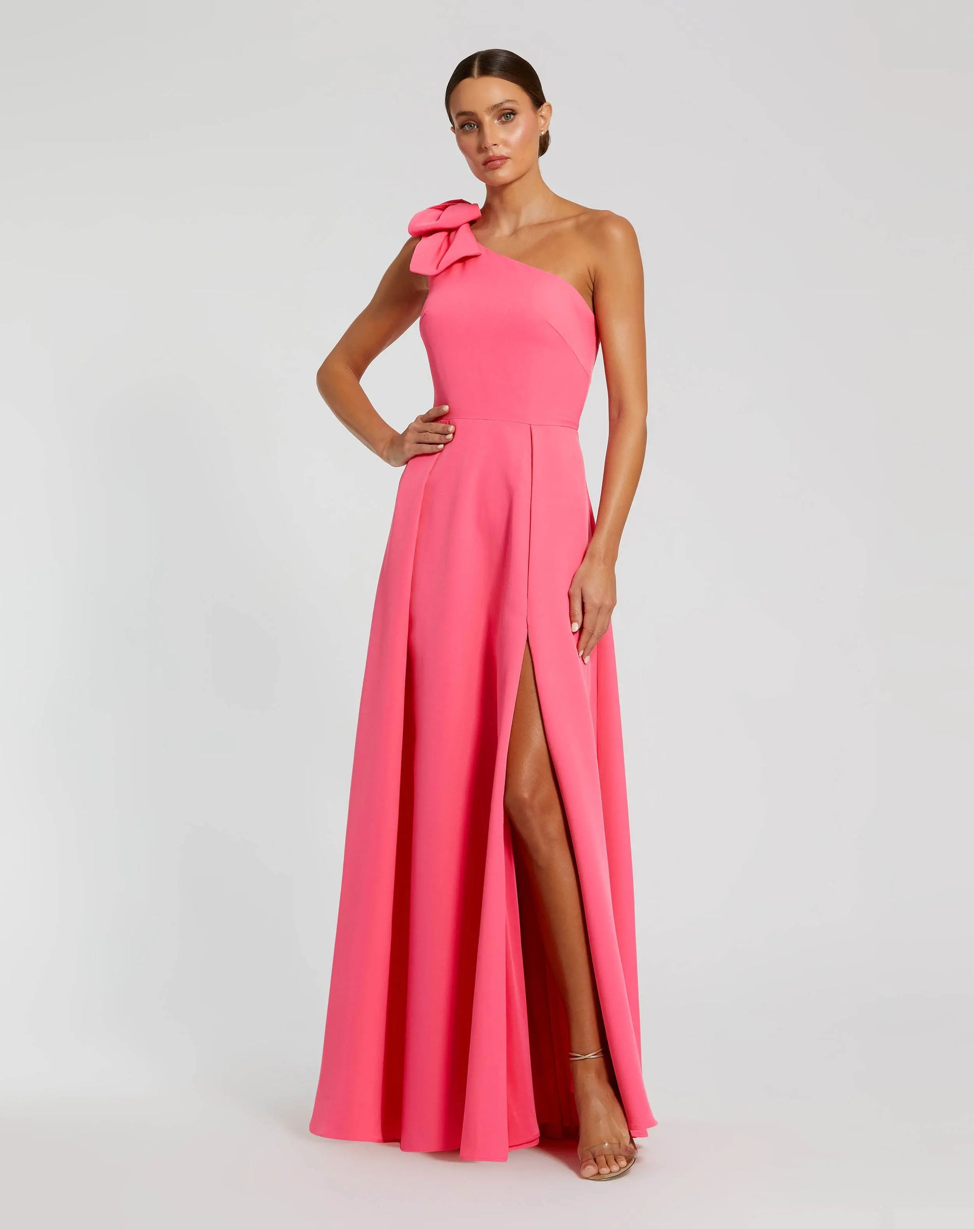 Pink Bow One Shoulder Sleeveless A-Line Gown Pink Bow One Shoulder Sleeveless A-Line Gown