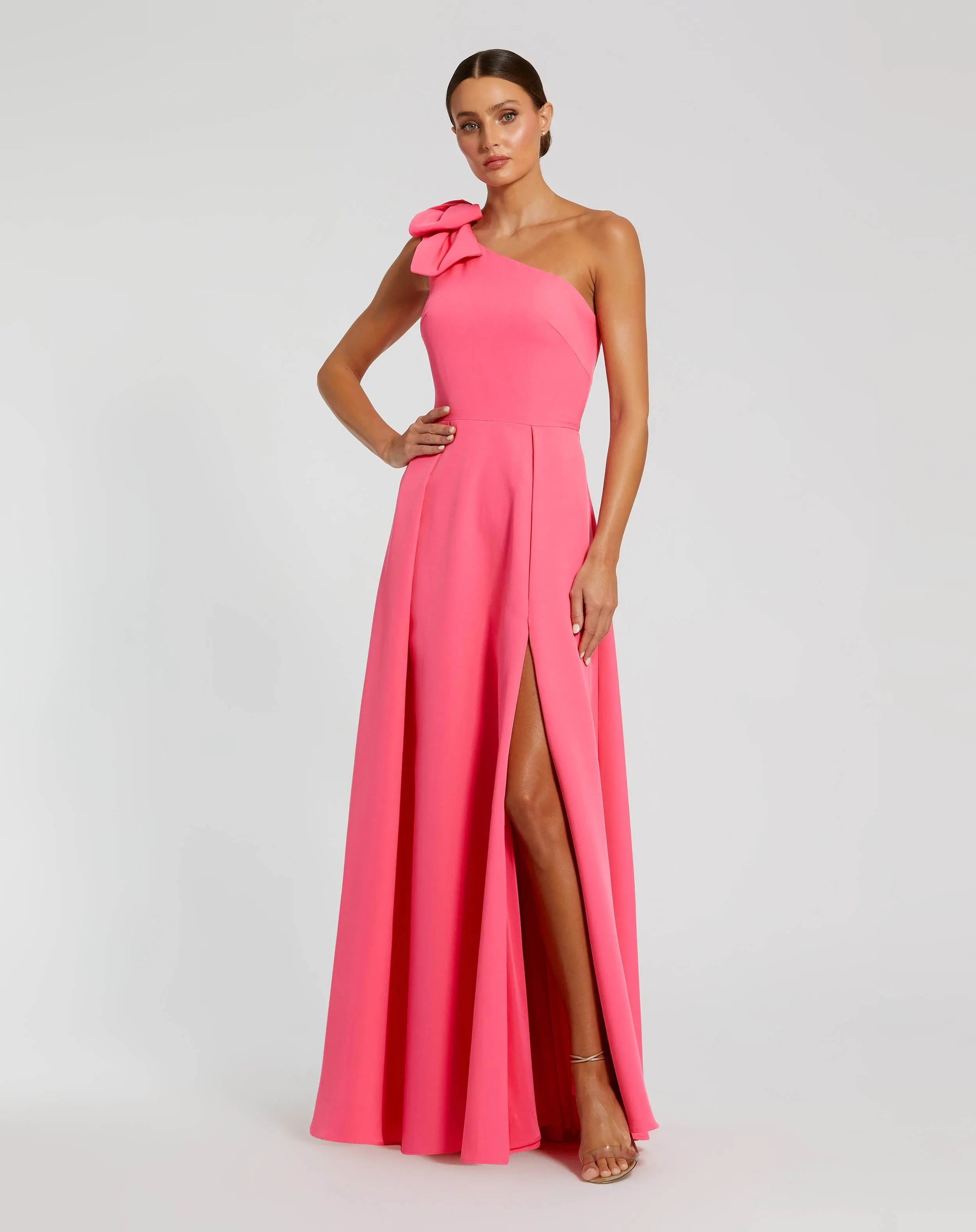 Crepe One Shoulder Bow Gown