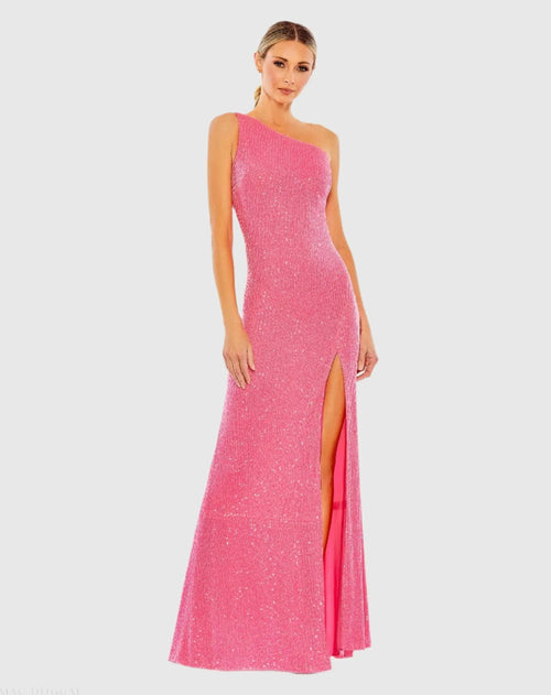 Pink Sequined One Shoulder Draped Back Gown - Ieena for Mac Duggal