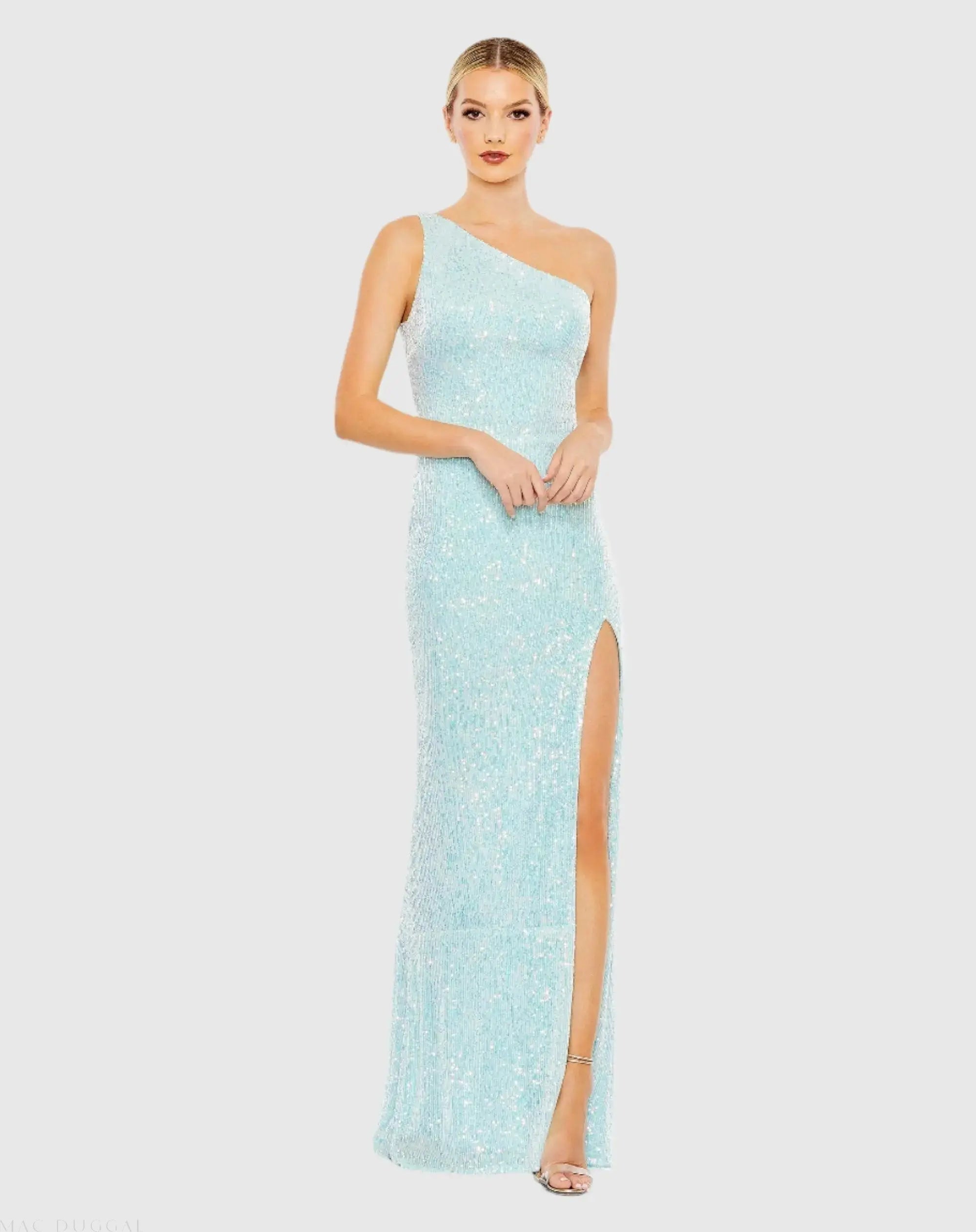 Blue Sequined One Shoulder Draped Back Gown - Mac Duggal