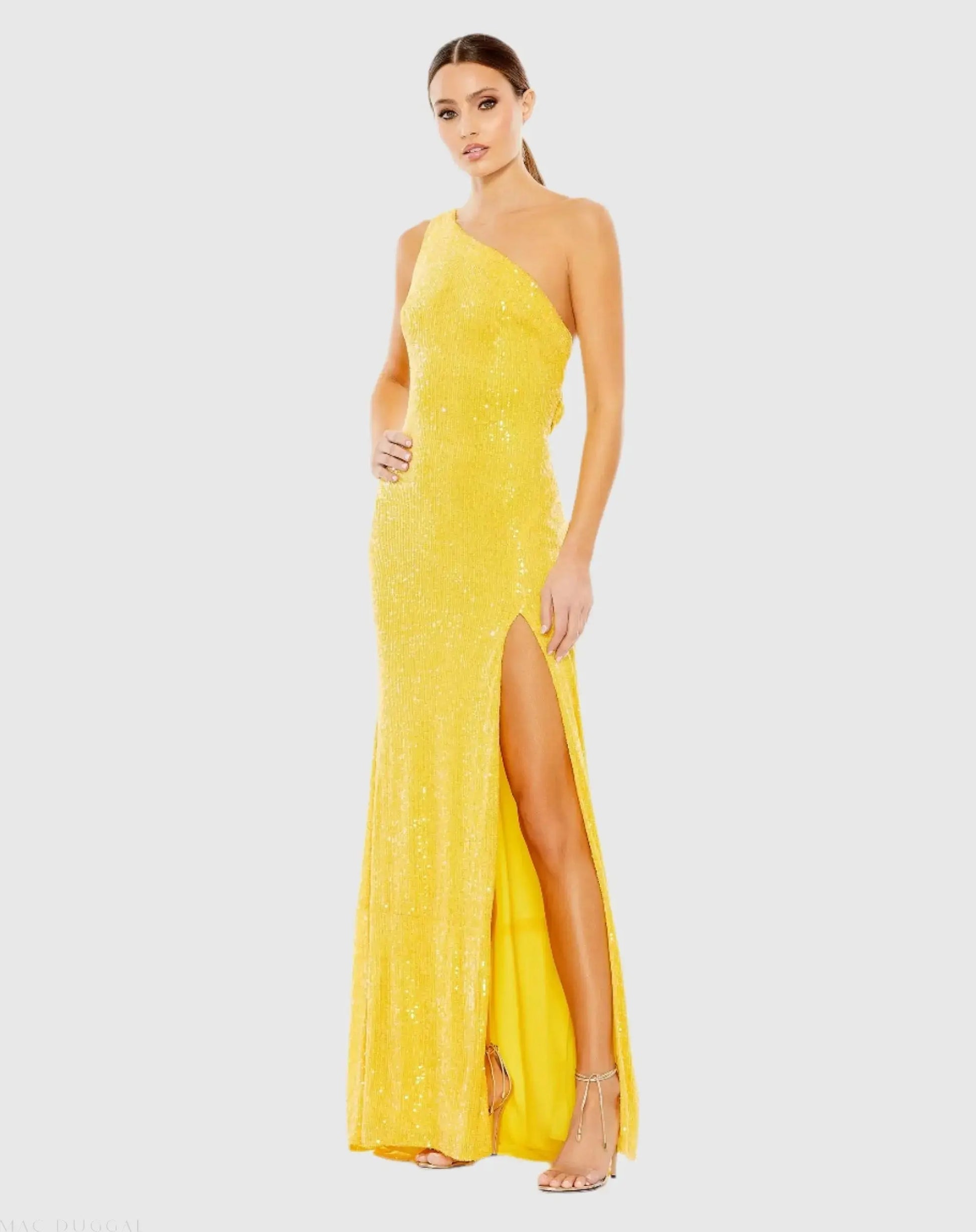 Yellow Sequined One Shoulder Draped Back Gown - Ieena for Mac Duggal