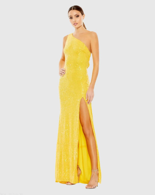Yellow Sequined One Shoulder Draped Back Gown - Ieena for Mac Duggal
