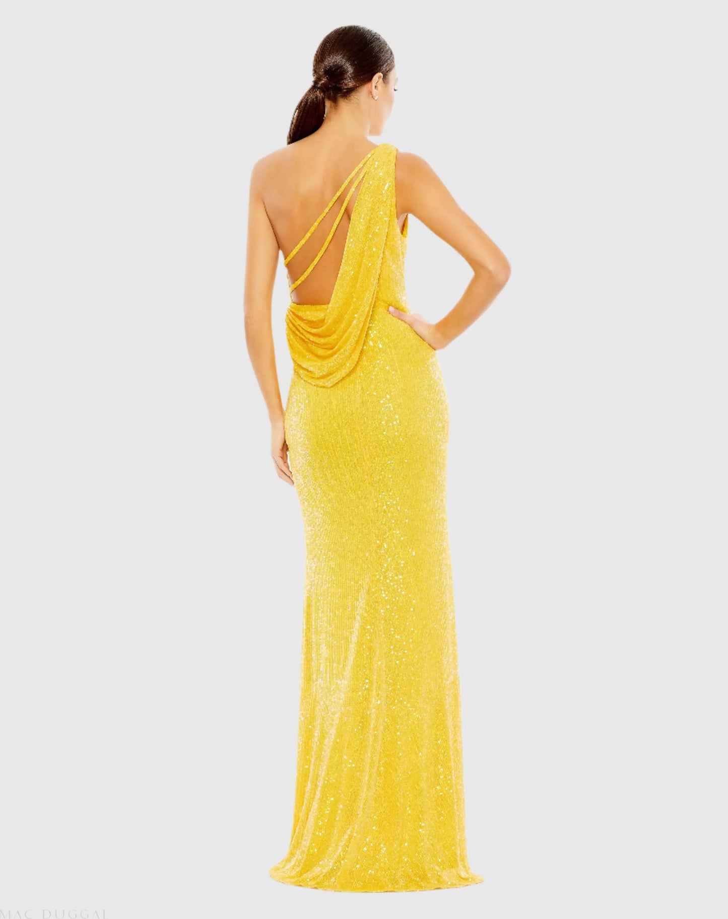 Yellow Sequined One Shoulder Draped Back Gown - Ieena for Mac Duggal
