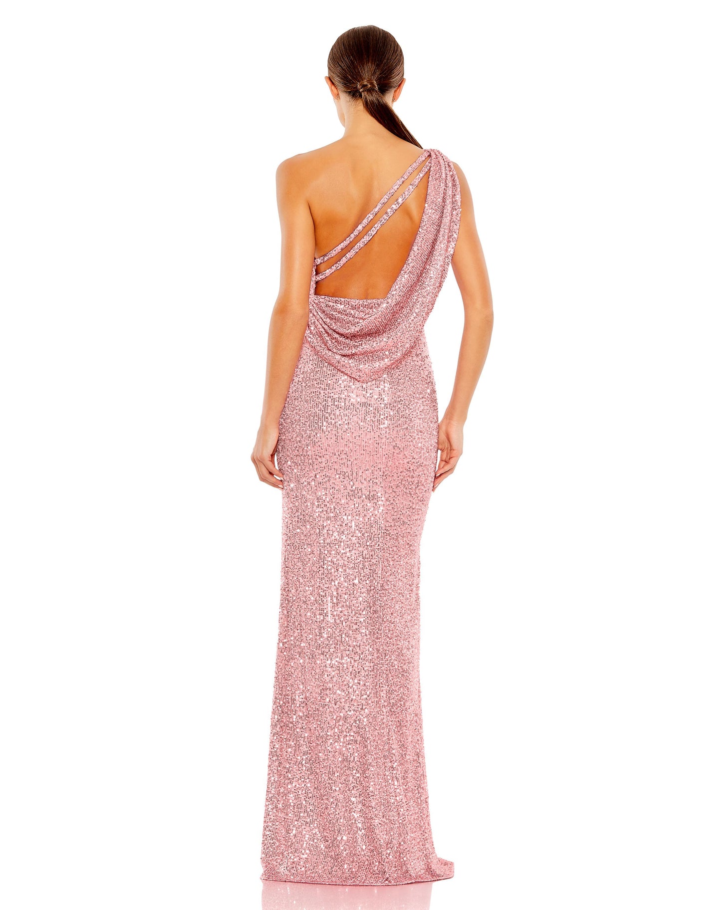 Sequined One Shoulder Draped Back Gown