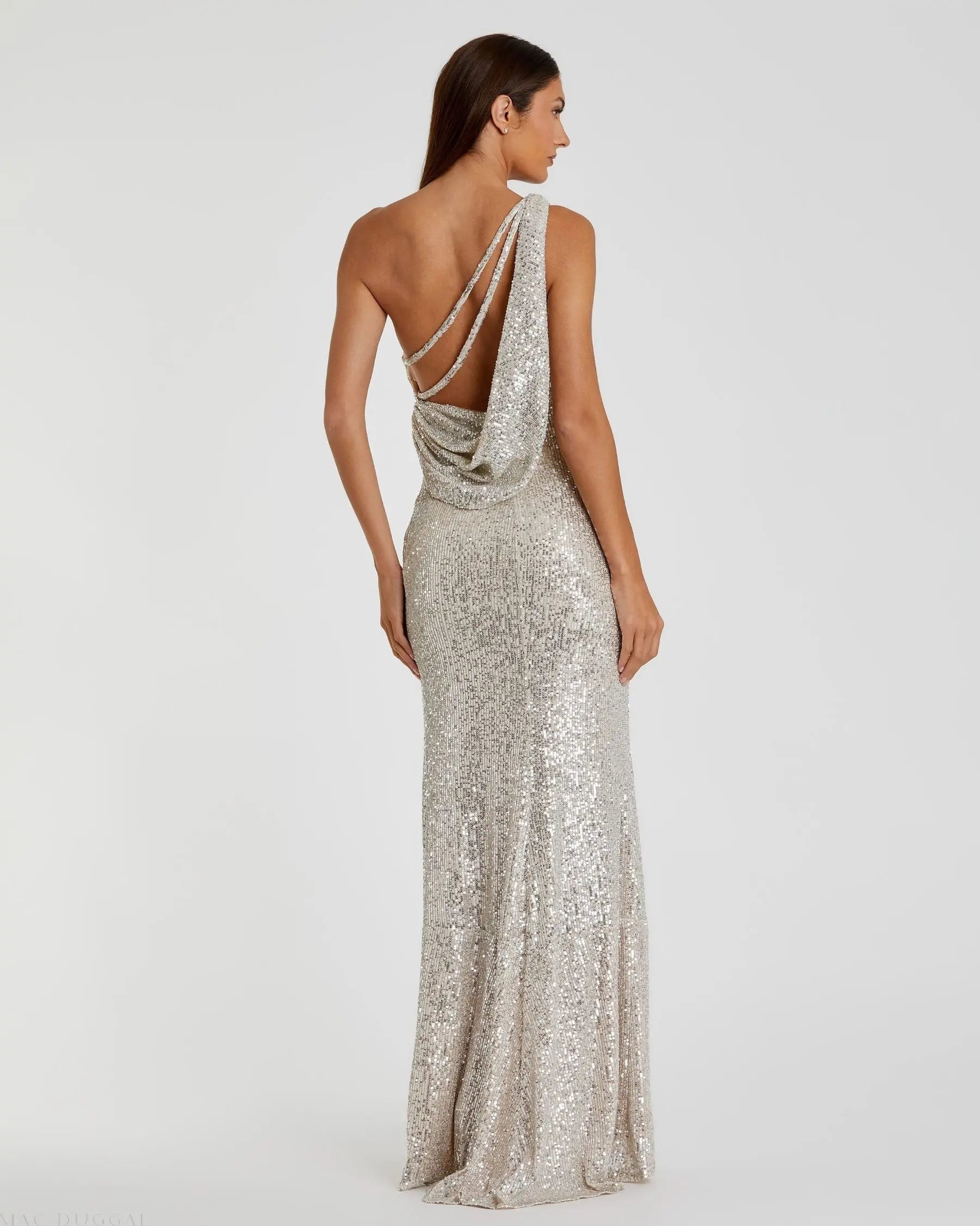 Silver Sequined One Shoulder Draped Back Gown - Mac Duggal Silver Sequined One Shoulder Draped Back Gown - Mac Duggal
