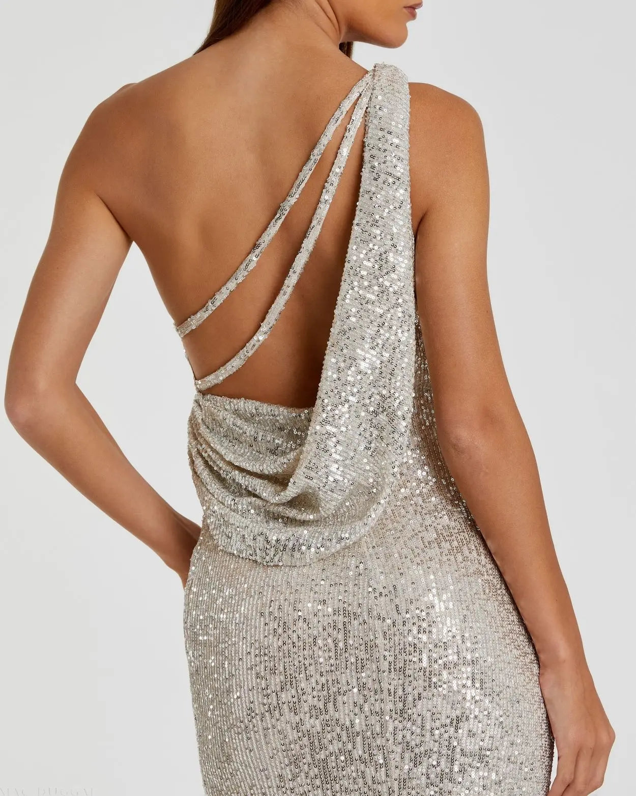 Silver Sequined One Shoulder Draped Back Gown - Mac Duggal