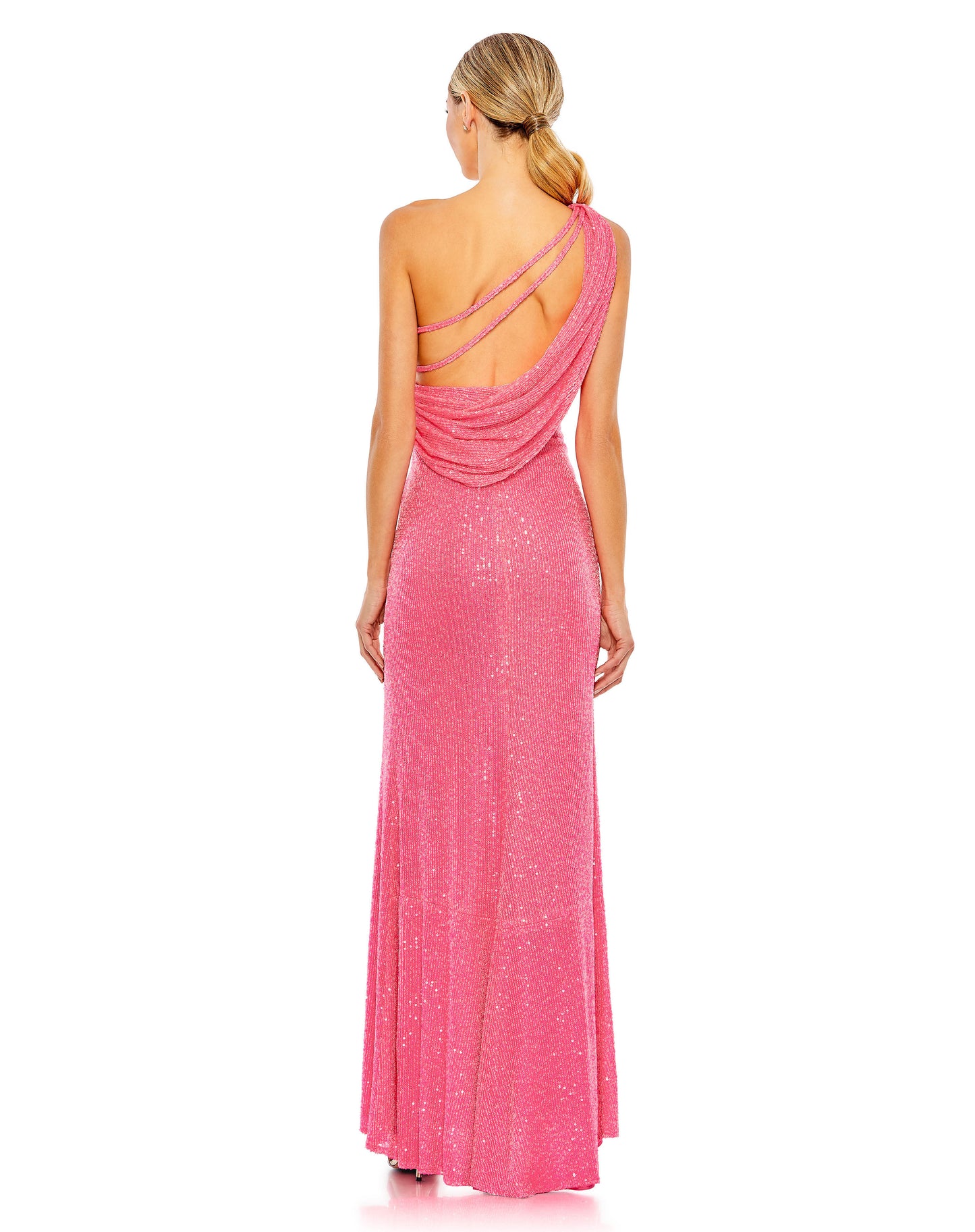 Sequined One Shoulder Draped Back Gown