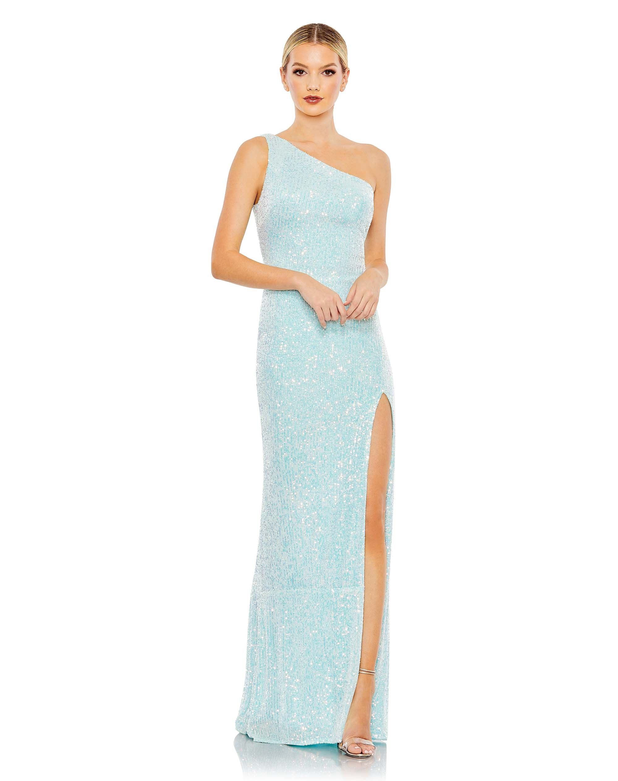 Sequined One Shoulder Draped Back Gown