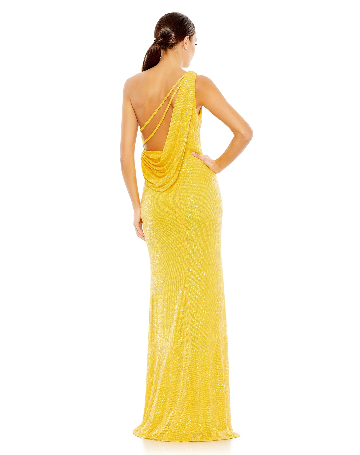 Sequined One Shoulder Draped Back Gown