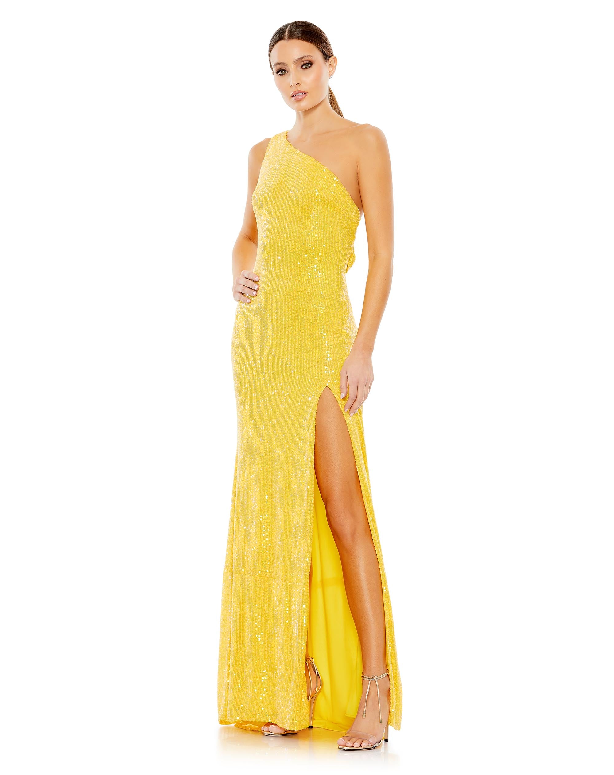 Sequined One Shoulder Draped Back Gown