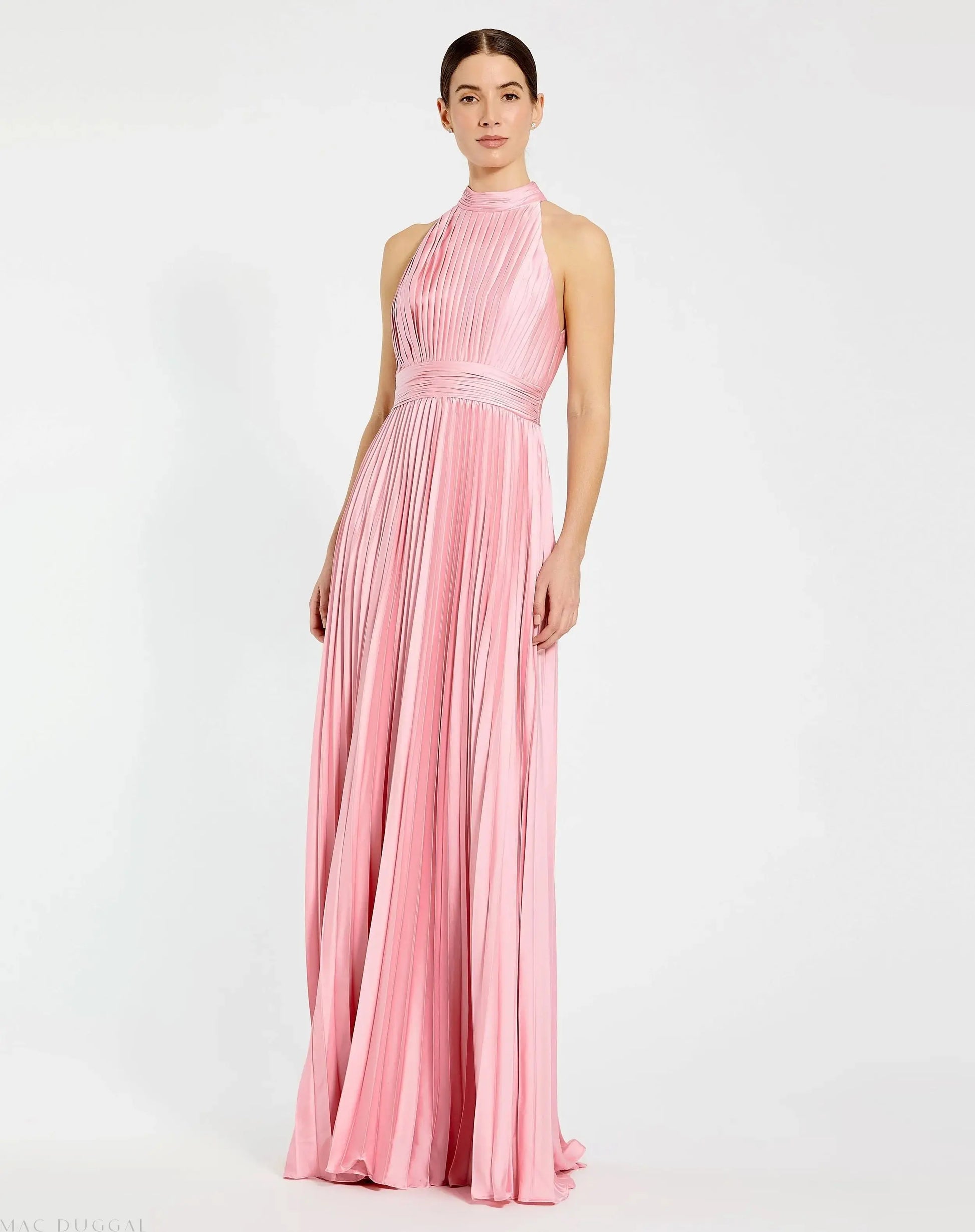 Pink Sleeveless Halter Neck Pleated Satin Gown | Mac Duggal Pink Sleeveless Halter Neck Pleated Satin Gown | Mac Duggal