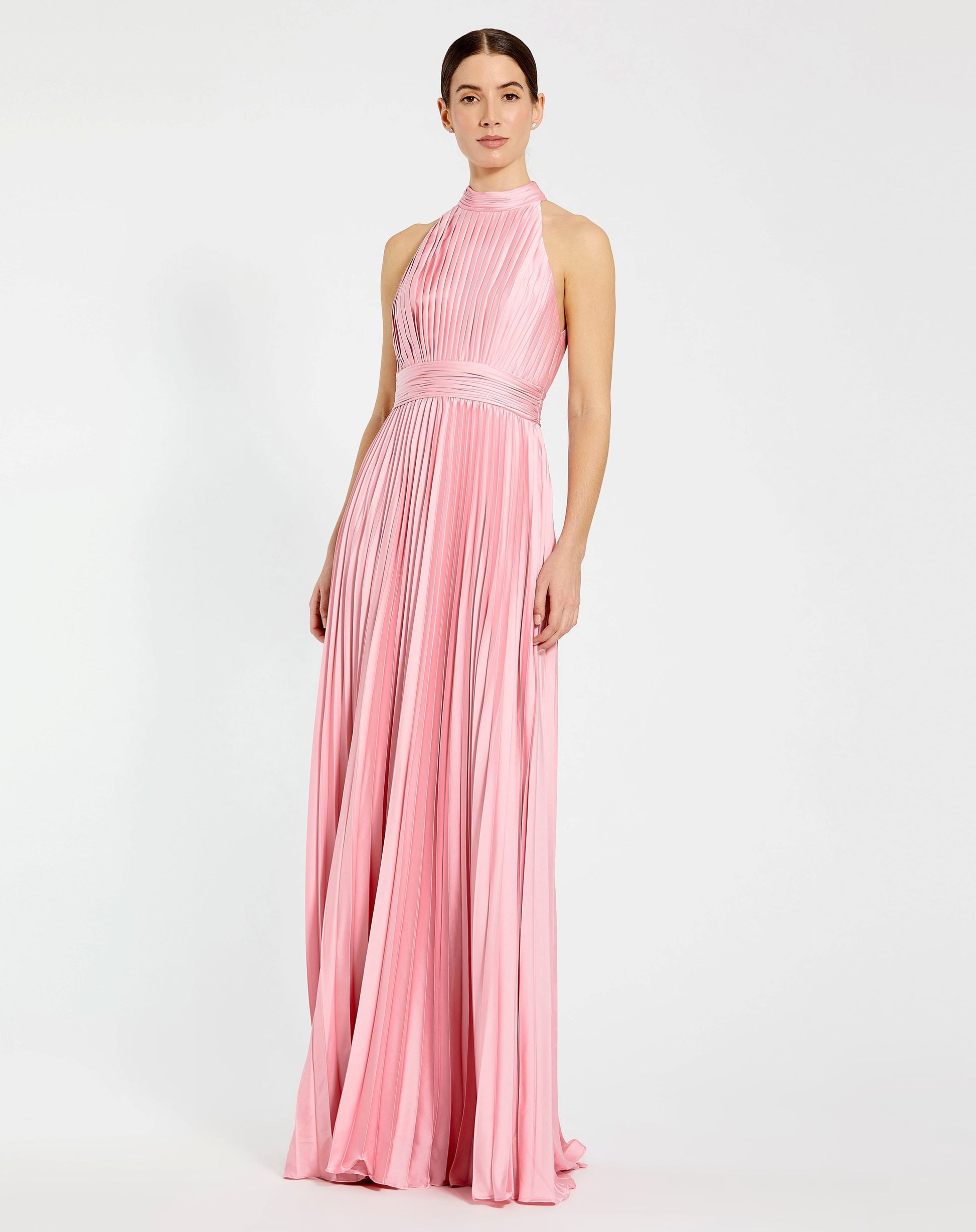 Pleated High Neck Satin Sleeveless Halter Gown