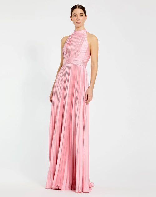 Pleated High Neck Satin Sleeveless Halter Gown