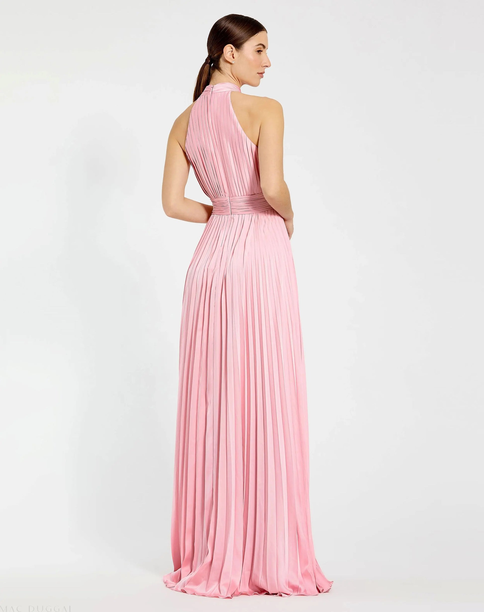 Pink Pleated High Neck Satin Sleeveless Halter Gown - Mac Duggal US 12 Pink Pleated High Neck Satin Sleeveless Halter Gown - Mac Duggal US 12