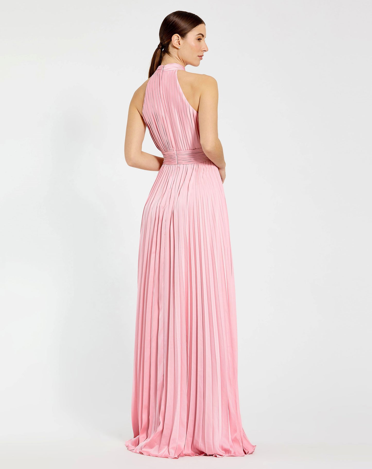 Pleated High Neck Satin Sleeveless Halter Gown