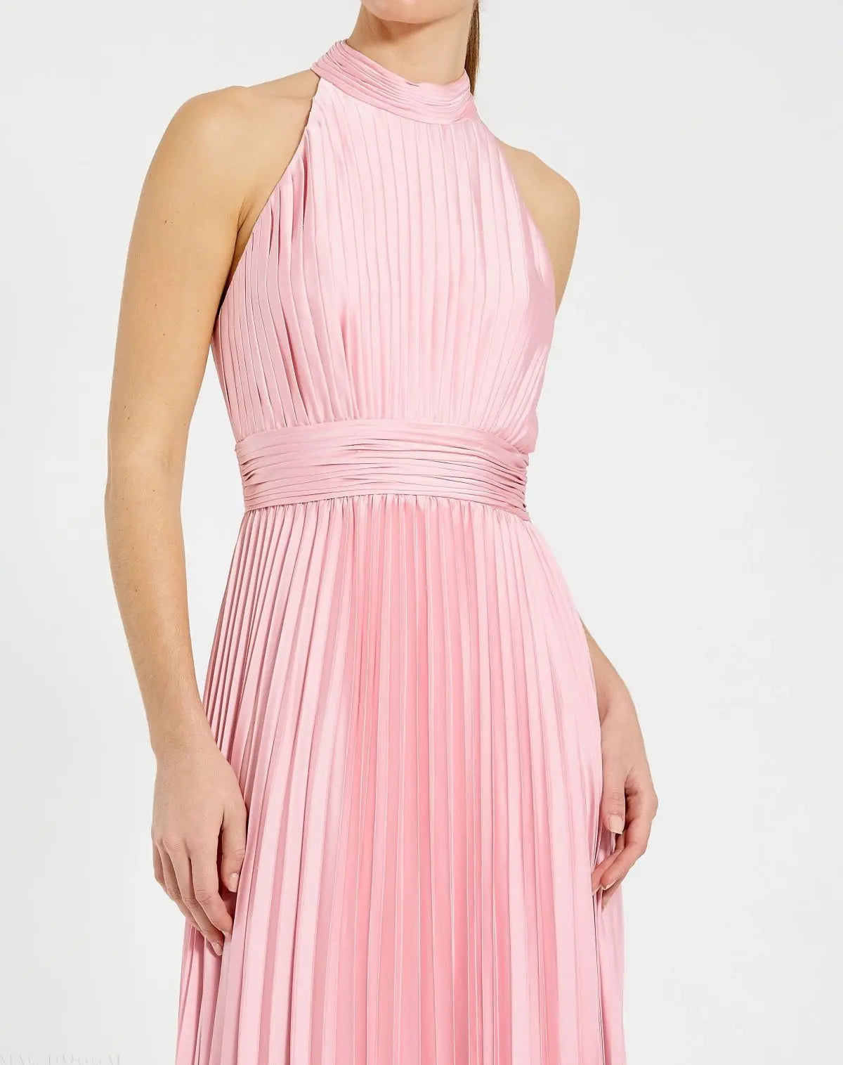 Pink Pleated High Neck Satin Sleeveless Halter Gown - Mac Duggal