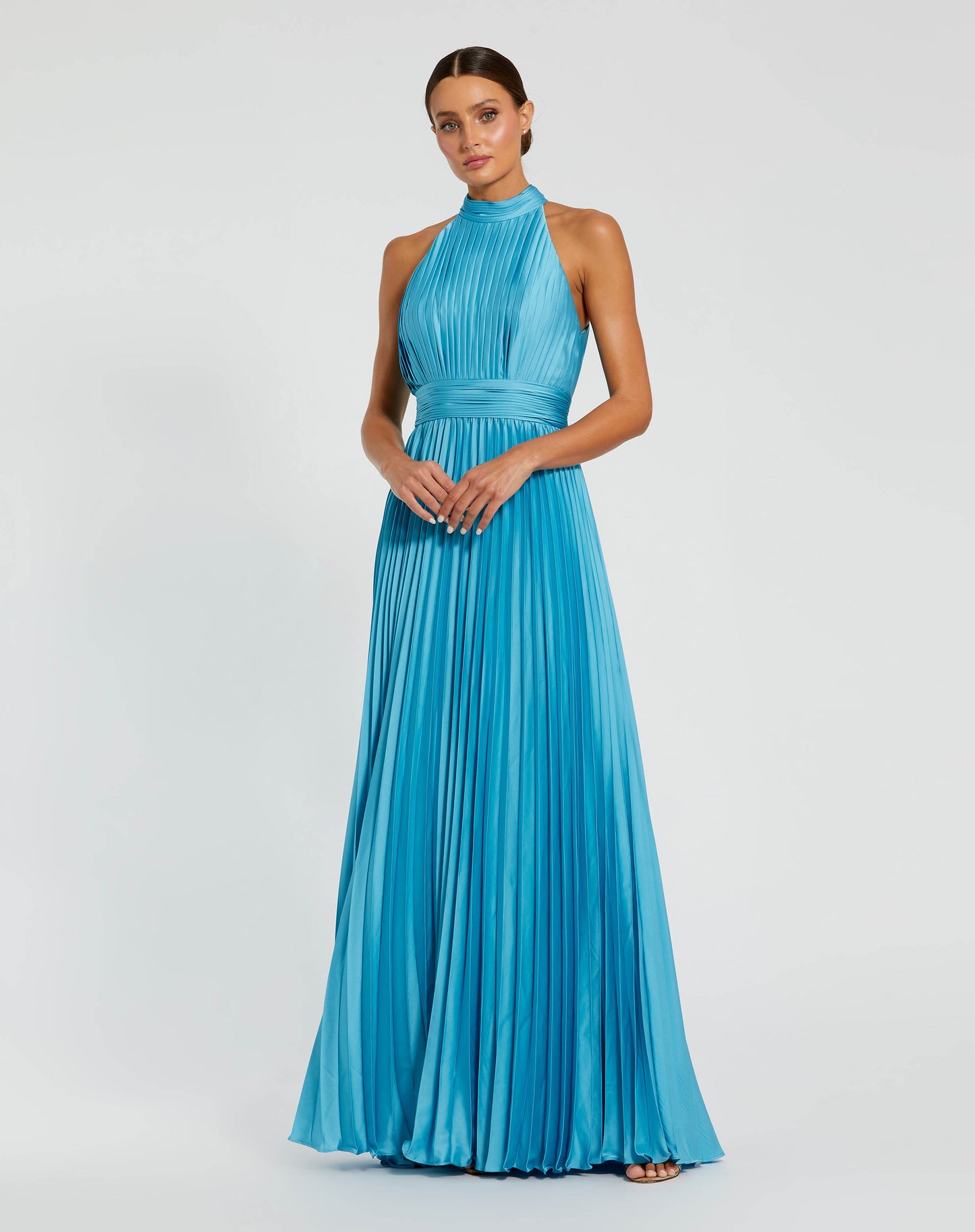 Blue Sleeveless Halter Neck Pleated Satin Gown - Ieena for Mac Duggal