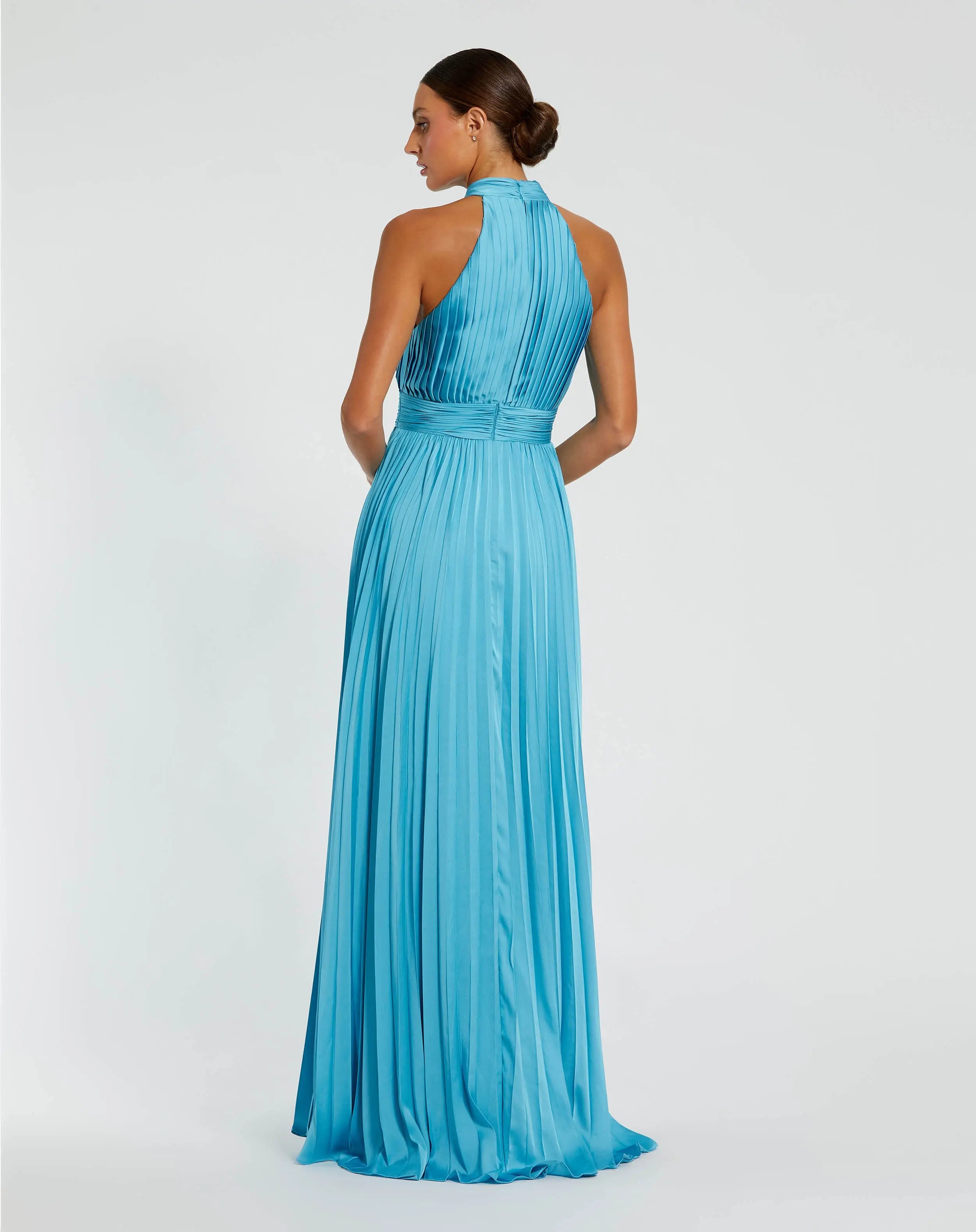 Blue Sleeveless Halter Neck Pleated Satin Gown - Ieena for Mac Duggal