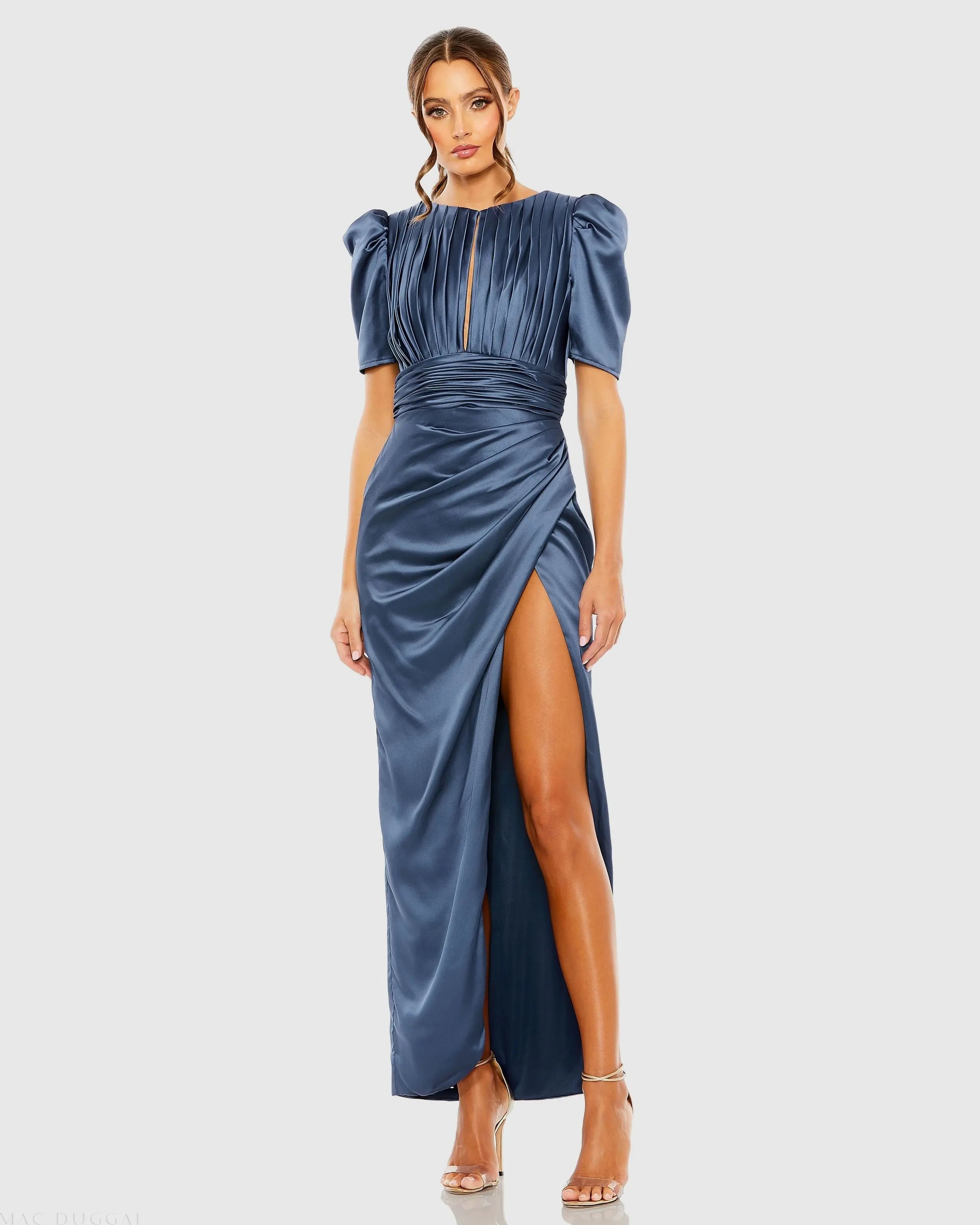 Blue Puff Sleeve Pleated Bodice Draped Gown Ieena for Mac Duggal