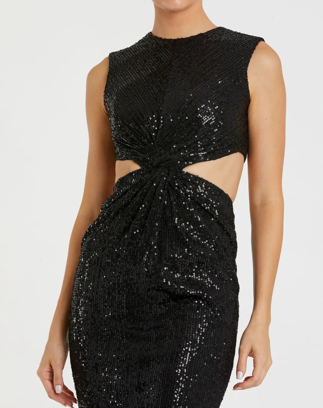 Black Sequin Front Twist Cut Out Sheath Dress - FINAL SALE - Ieena for Mac Duggal