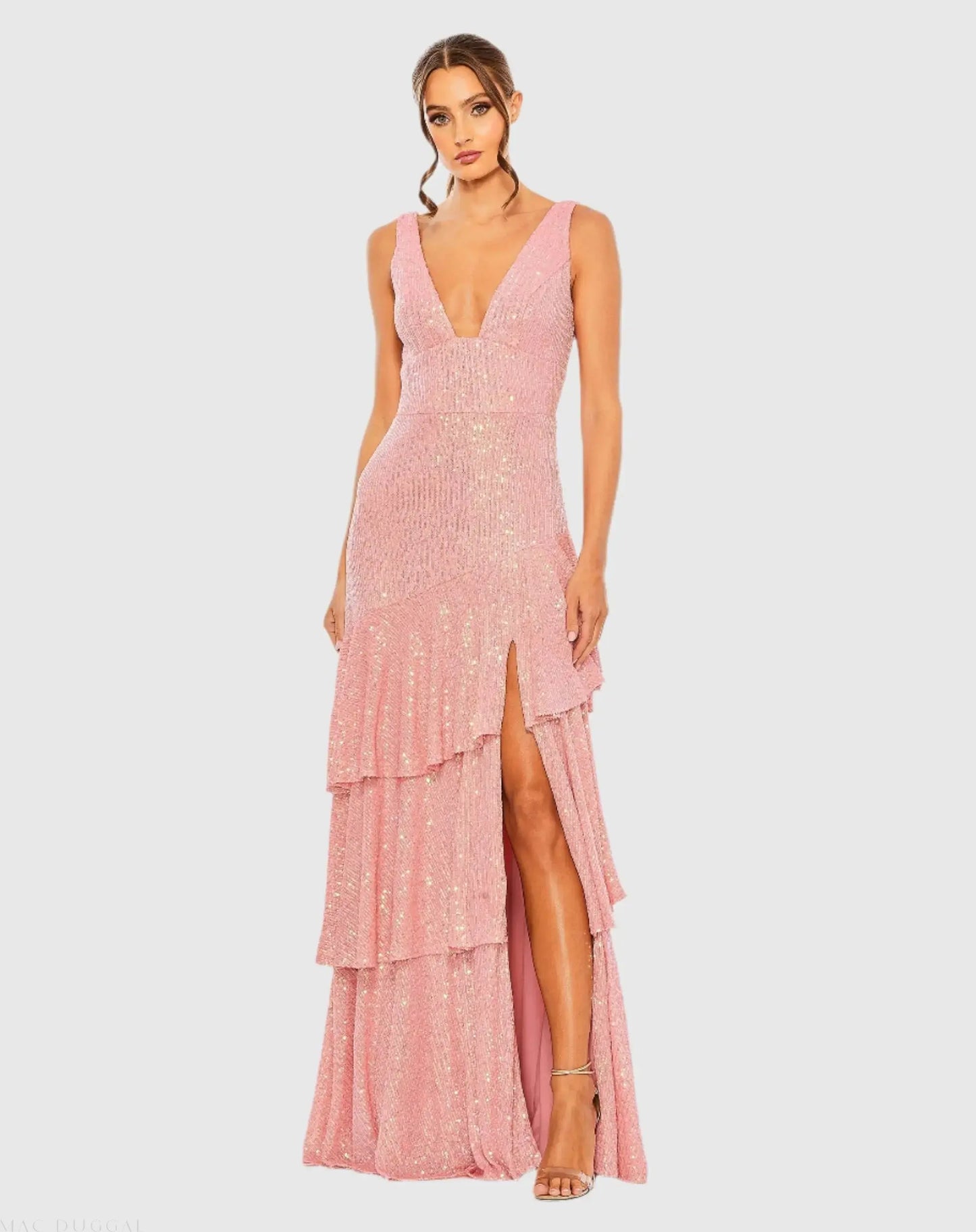 Pink Sequin Asymmetrical Ruffle Tiered Gown - Mac Duggal Pink Sequin Asymmetrical Ruffle Tiered Gown - Mac Duggal