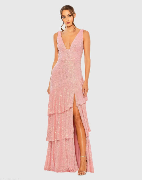 Pink Sequin Asymmetrical Ruffle Tiered Gown - Ieena for Mac Duggal