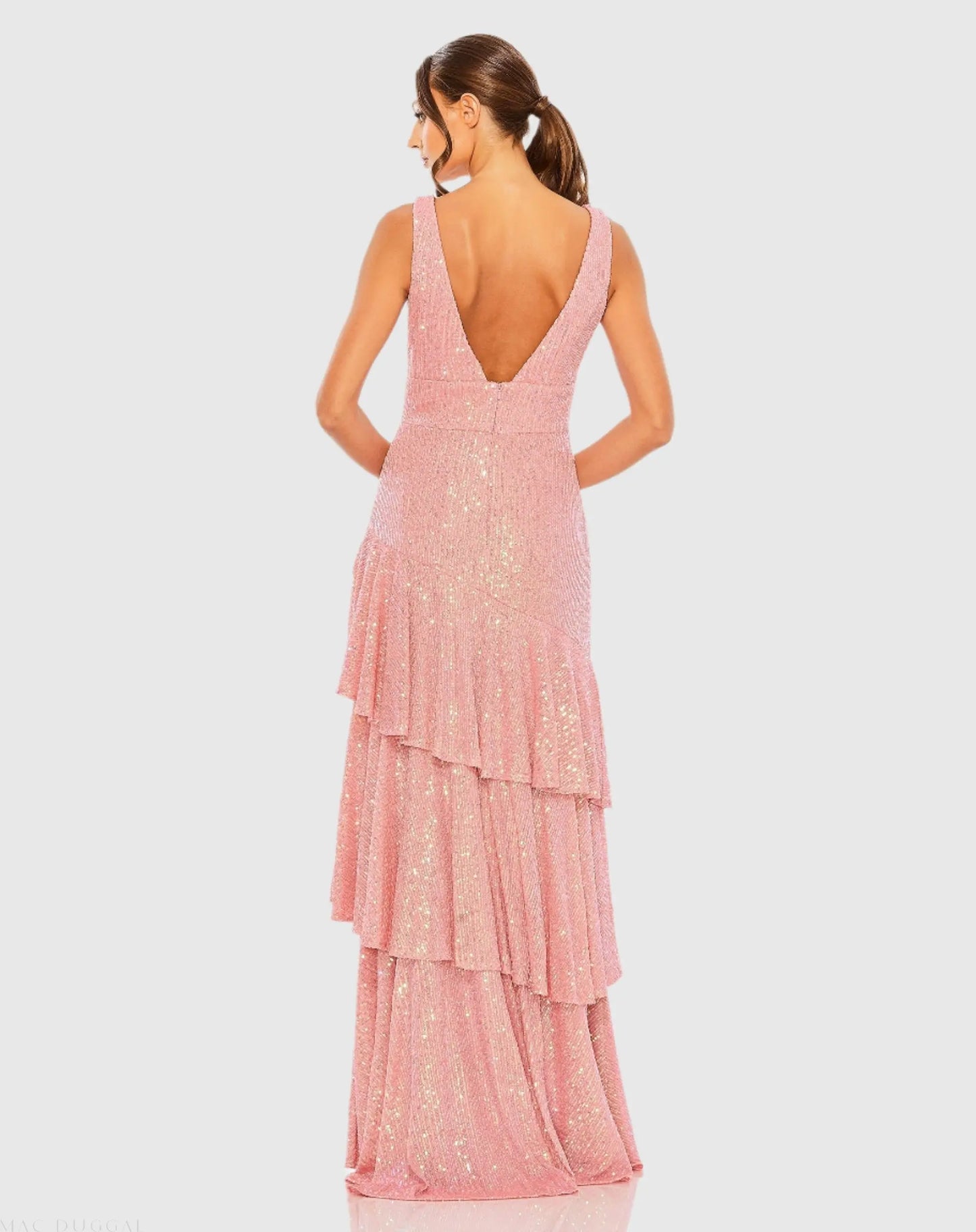 Pink Sequin Asymmetrical Ruffle Tiered Gown - Ieena for Mac Duggal