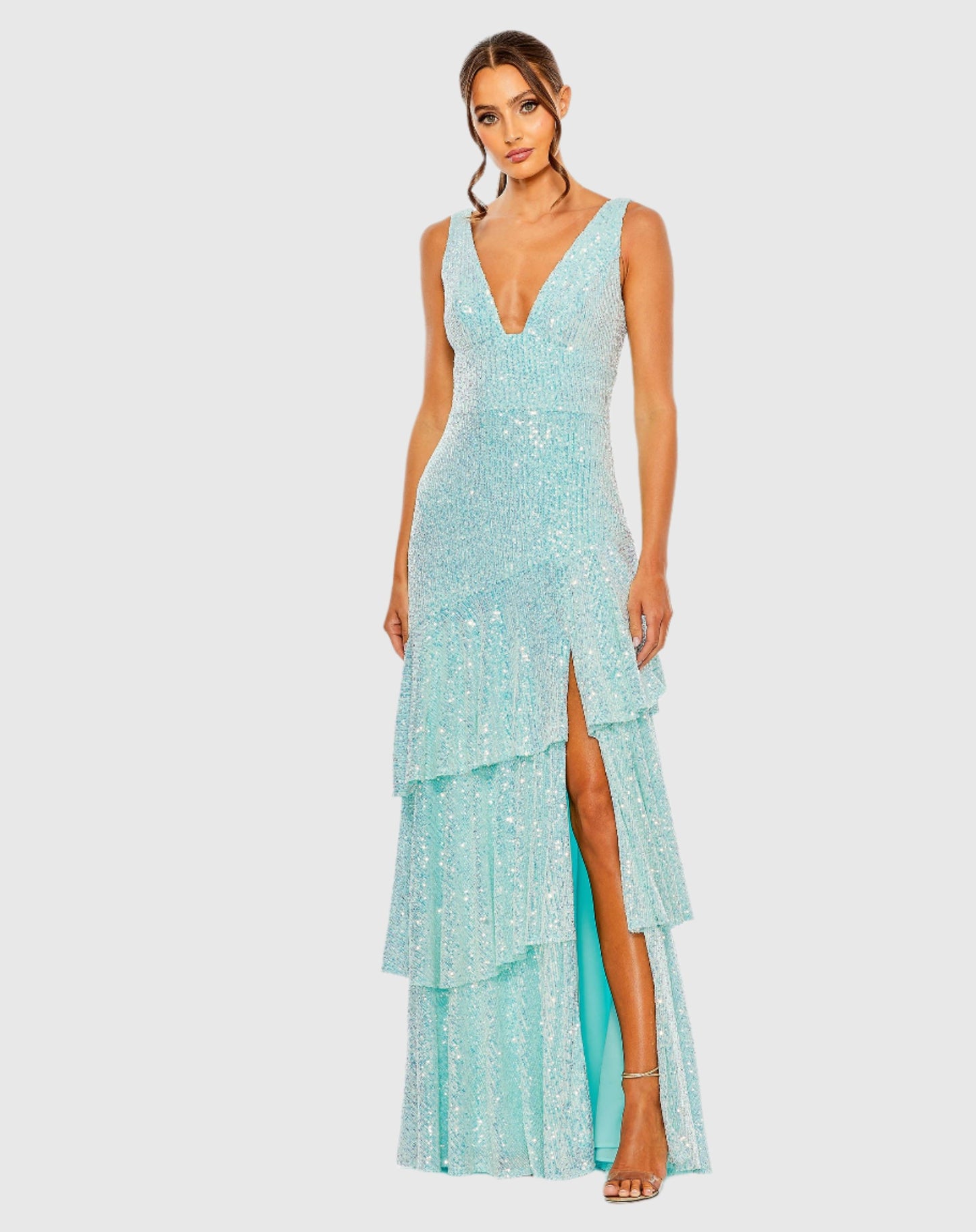 Sequin Asymmetrical Ruffle Tiered Gown