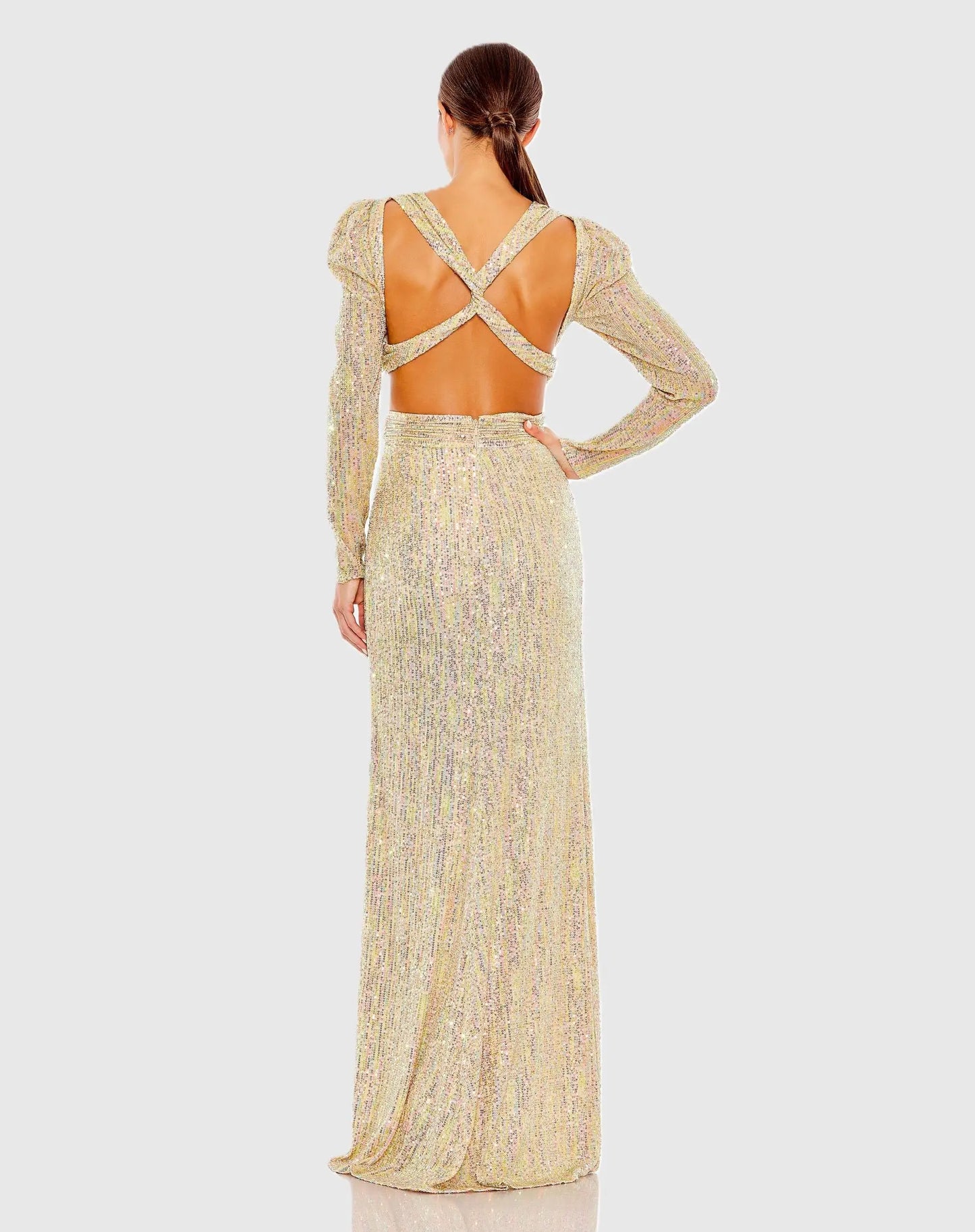 Gold Metallic Puff Sleeve Front Twist Cut Out Gown - Ieena for Mac Duggal